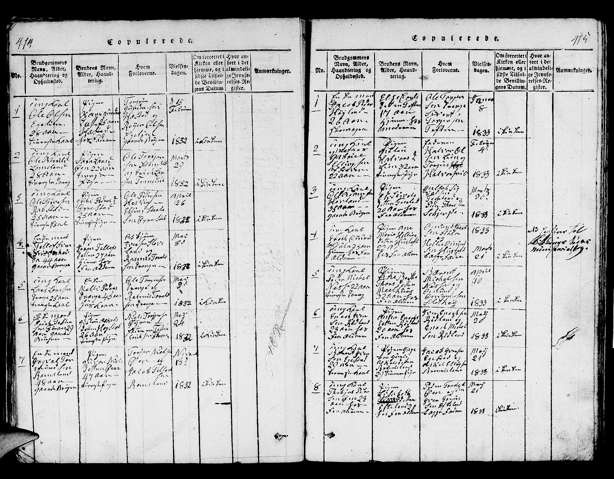 Helleland sokneprestkontor, SAST/A-101810: Parish register (copy) no. B 1, 1815-1841, p. 414-415