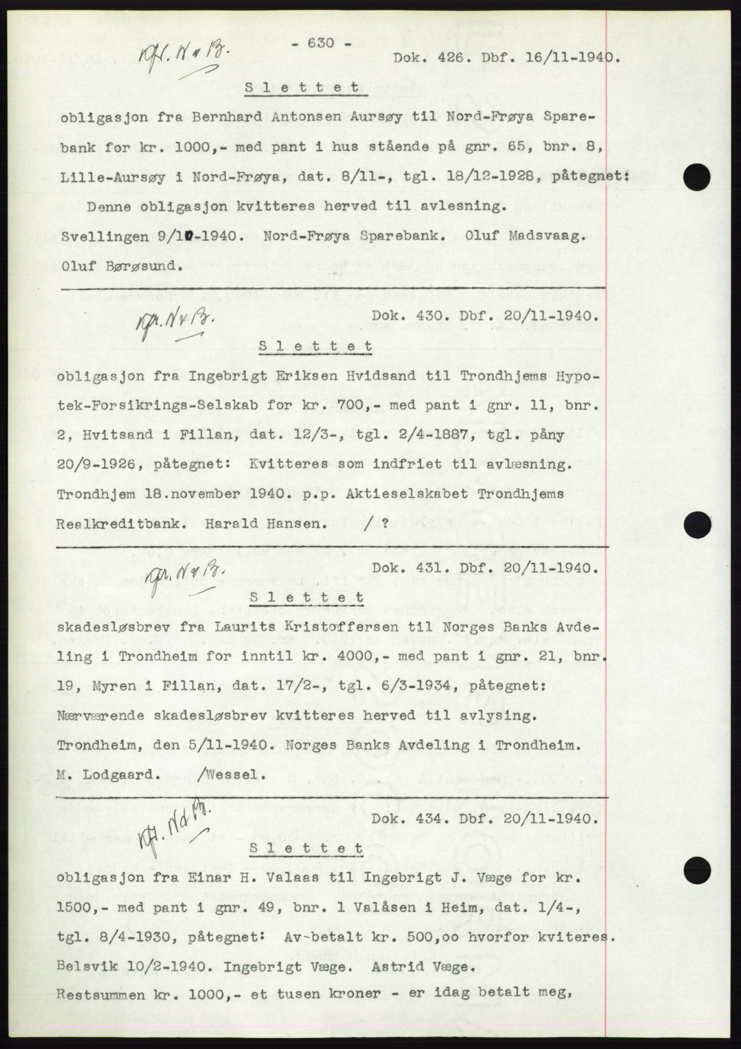 Hitra sorenskriveri, AV/SAT-A-0018/2/2C/2Ca: Mortgage book no. C1, 1936-1945, Diary no: : 426/1940