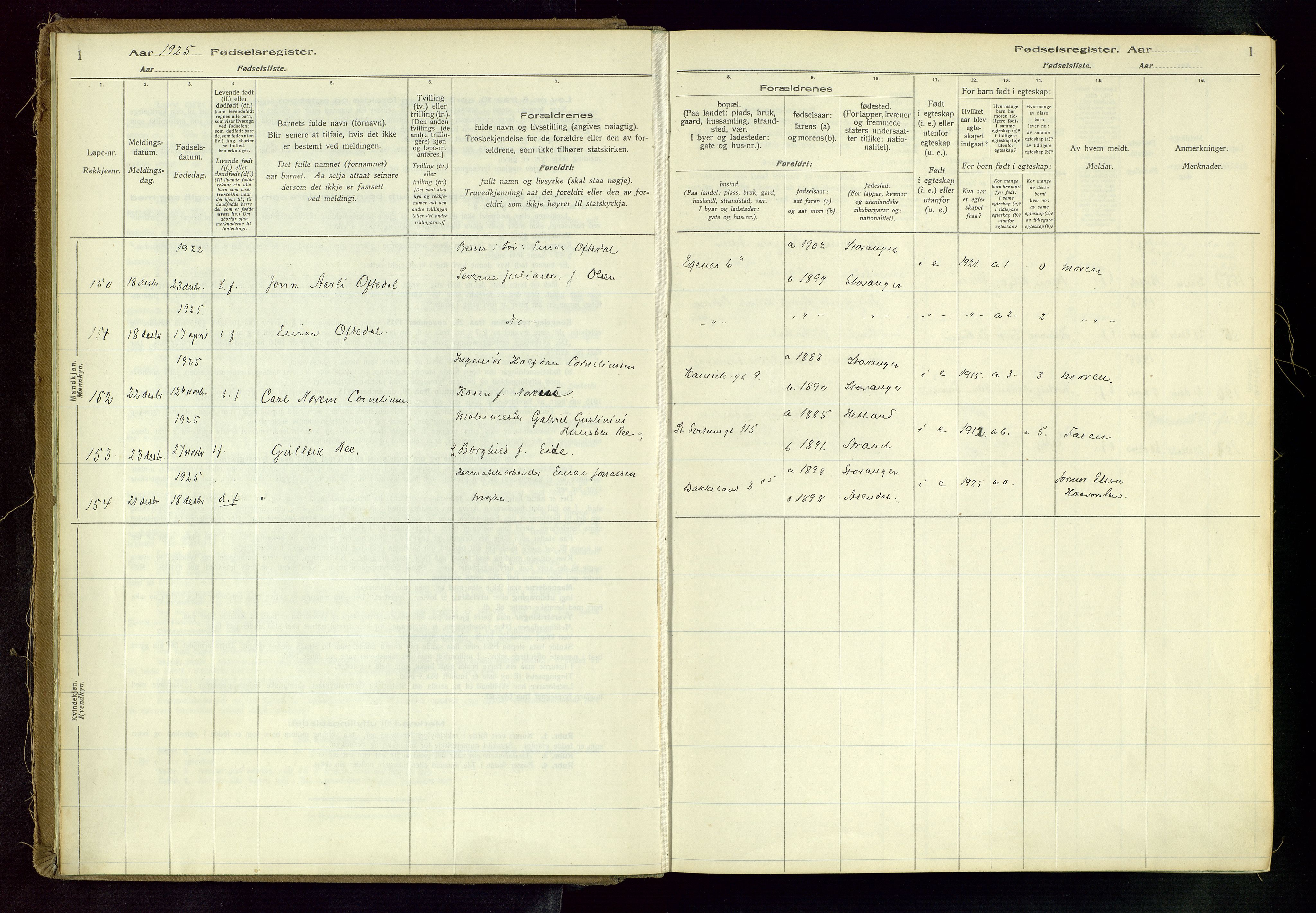 Domkirken sokneprestkontor, SAST/A-101812/002/A/L0001: Birth register no. 1, 1925-1932, p. 1