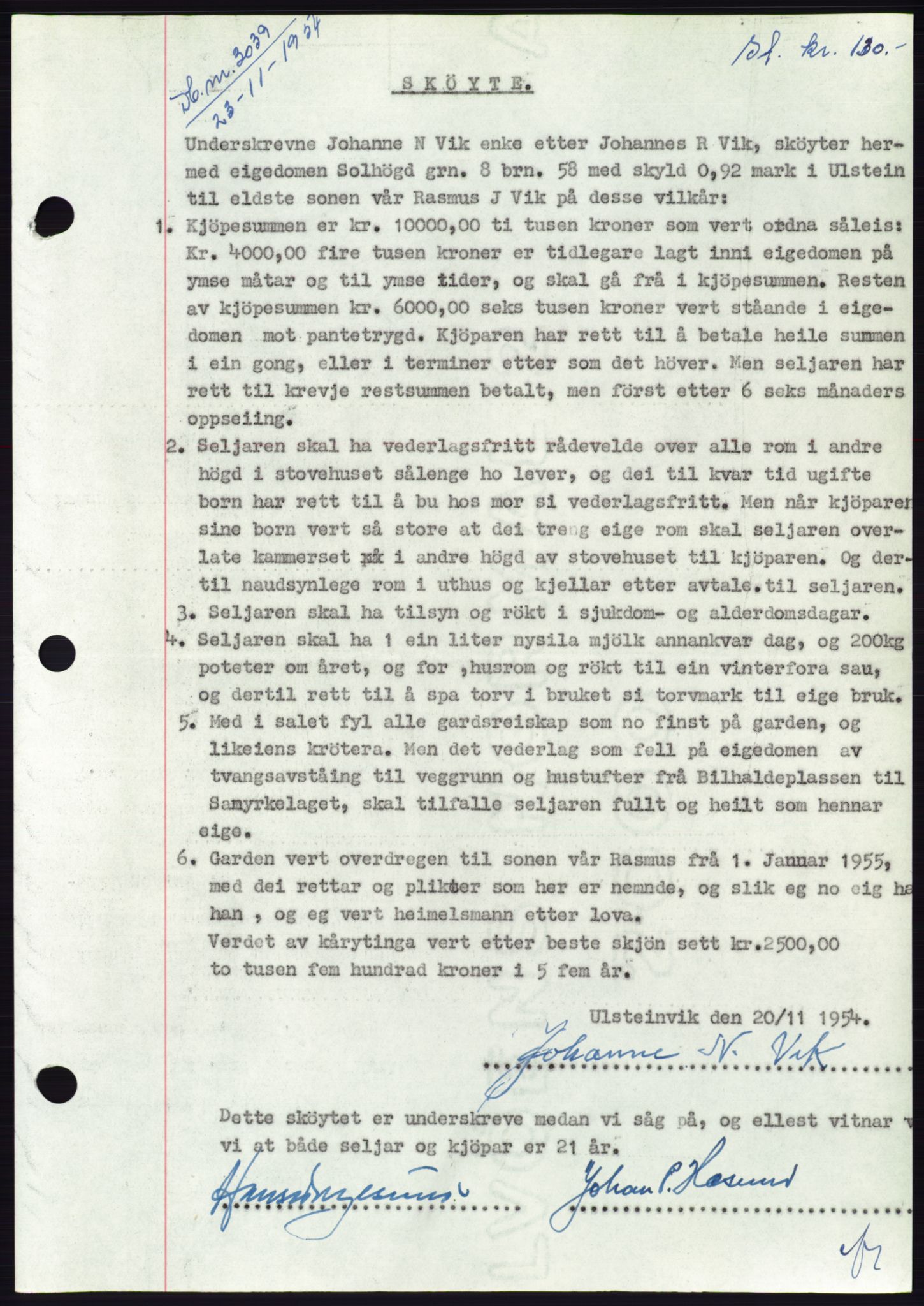 Søre Sunnmøre sorenskriveri, AV/SAT-A-4122/1/2/2C/L0099: Mortgage book no. 25A, 1954-1954, Diary no: : 3039/1954