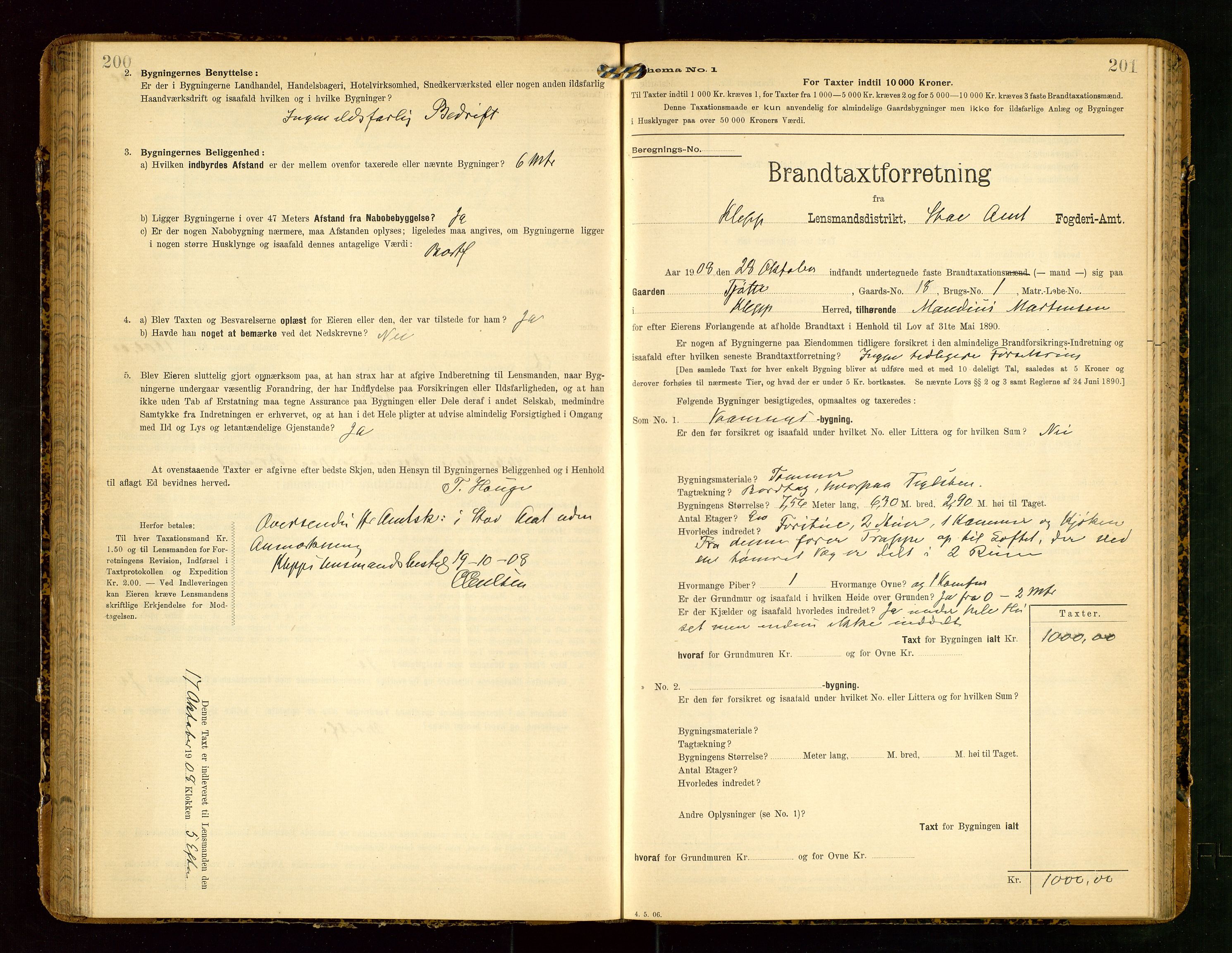 Klepp lensmannskontor, AV/SAST-A-100163/Goc/L0004: "Brandtaxationsprotokol" m/register, 1906-1908, p. 200-201