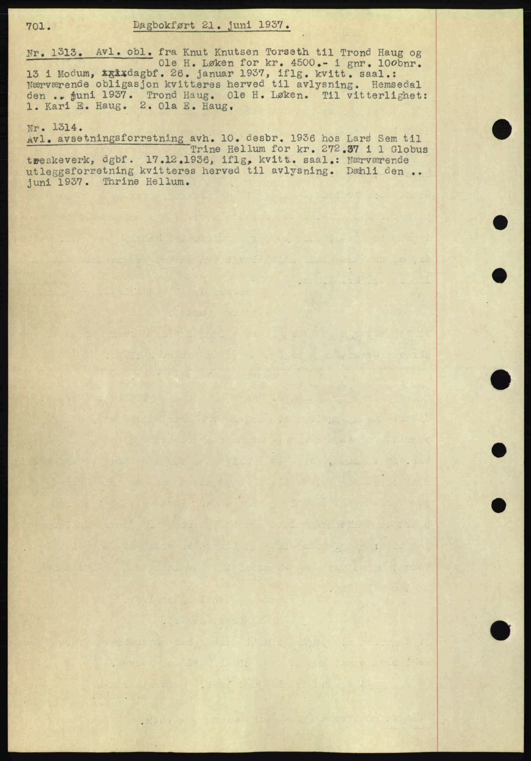 Eiker, Modum og Sigdal sorenskriveri, SAKO/A-123/G/Ga/Gab/L0035: Mortgage book no. A5, 1937-1937, Diary no: : 1313/1937
