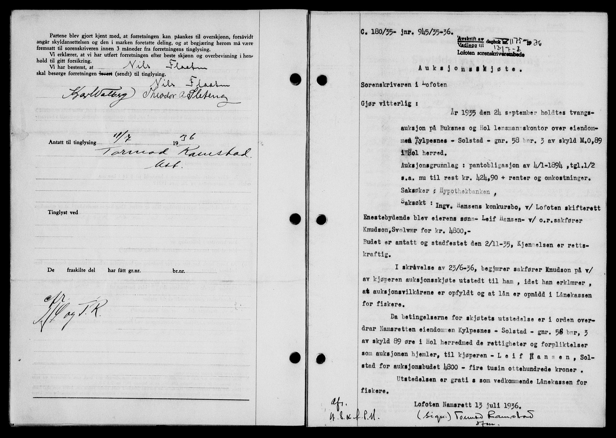 Lofoten sorenskriveri, SAT/A-0017/1/2/2C/L0001a: Mortgage book no. 1a, 1936-1937, Diary no: : 1175/1936