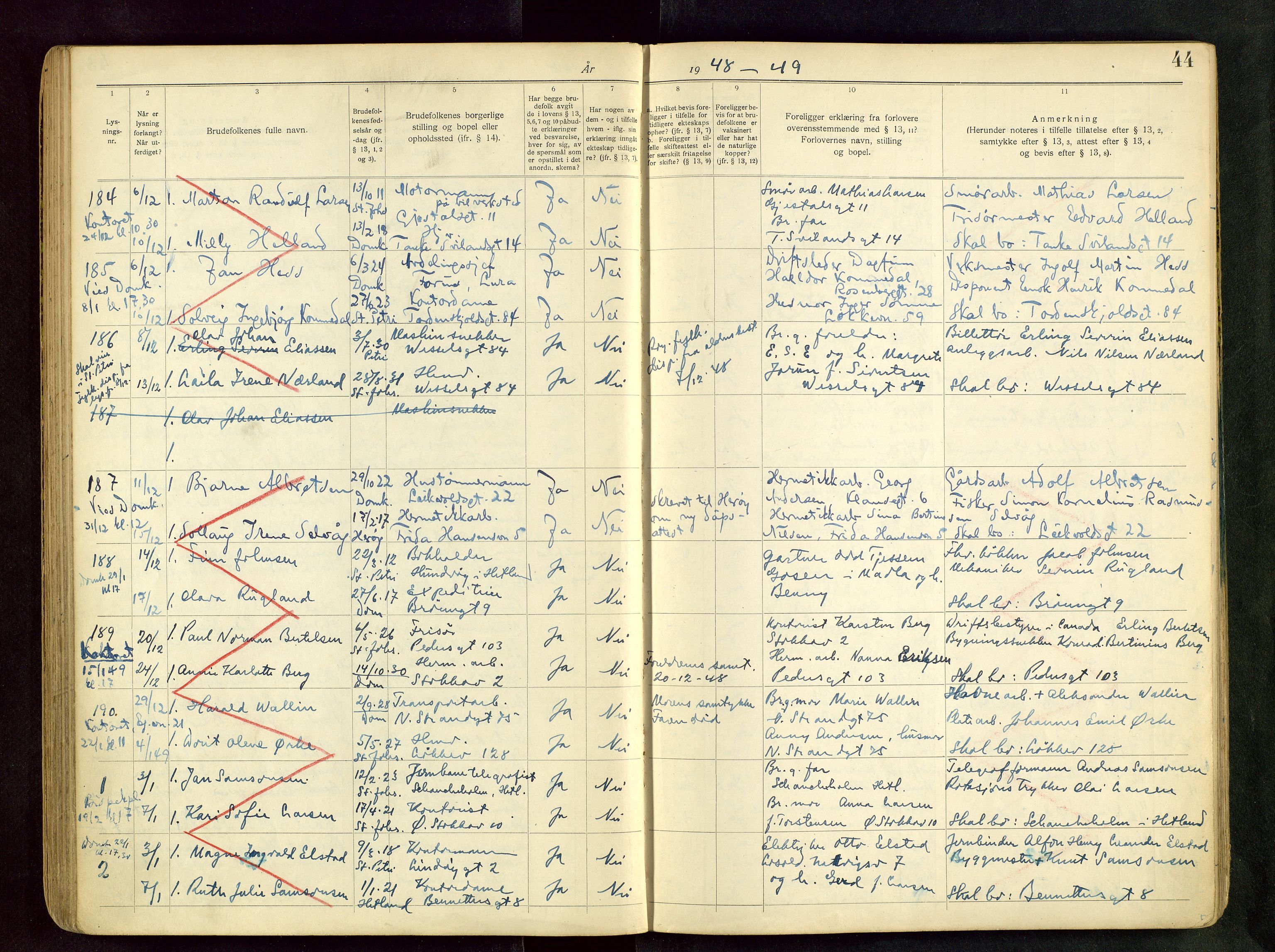 Domkirken sokneprestkontor, AV/SAST-A-101812/001/70/705BB/L0004: Banns register no. 4, 1943-1951, p. 44