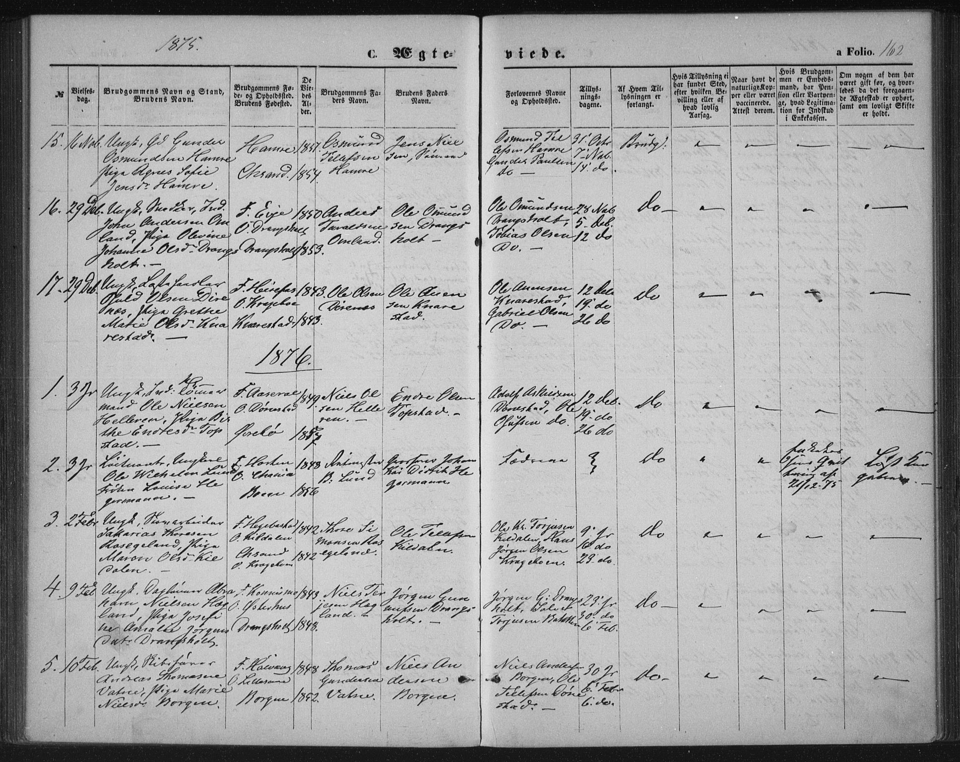 Tveit sokneprestkontor, SAK/1111-0043/F/Fa/L0006: Parish register (official) no. A 6, 1872-1886, p. 162