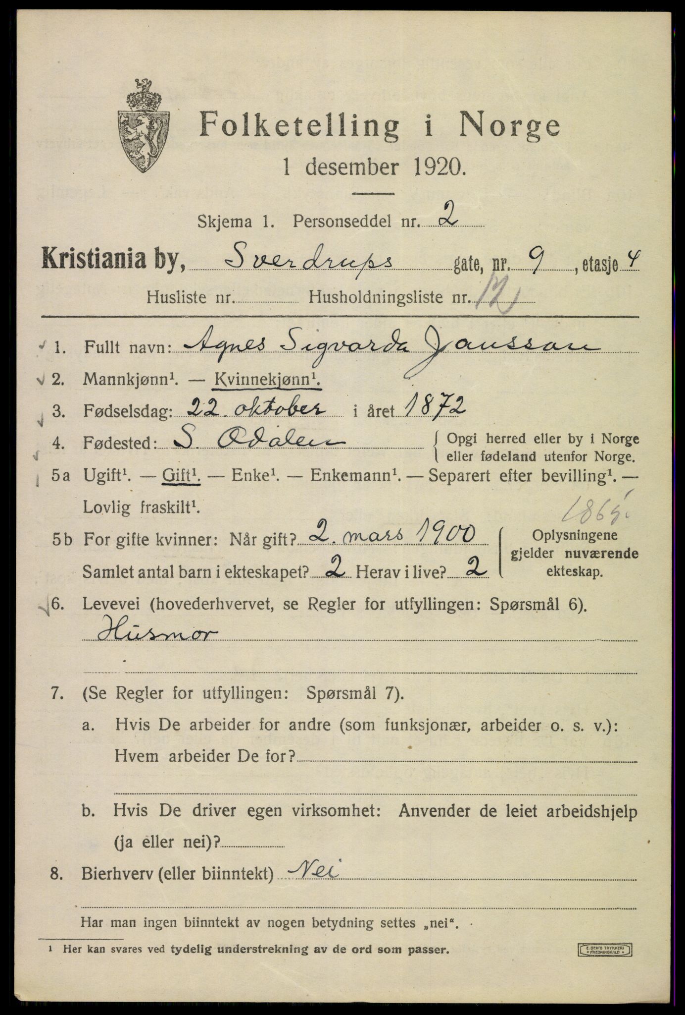 SAO, 1920 census for Kristiania, 1920, p. 556885