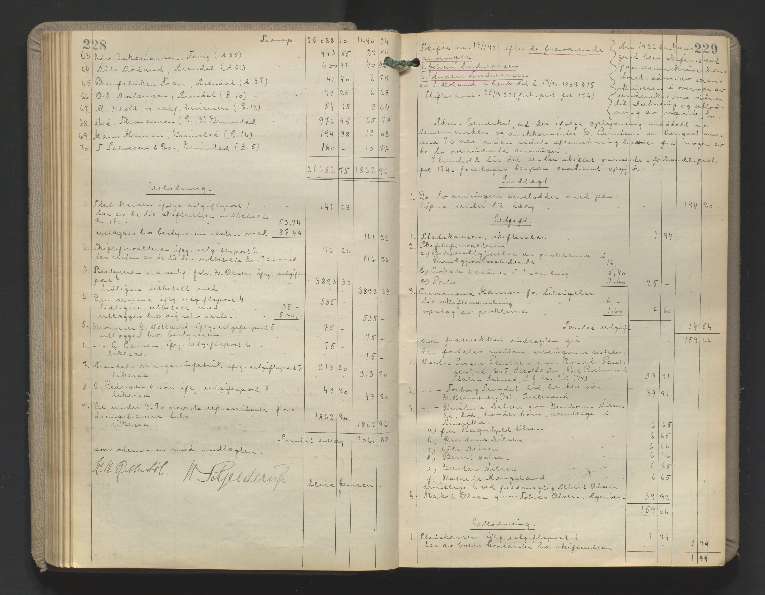 Vestre Nedenes/Sand sorenskriveri, AV/SAK-1221-0010/H/Hc/L0022: Skifteutlodningsprotokoll nr. 9, 1919-1932, p. 228-229