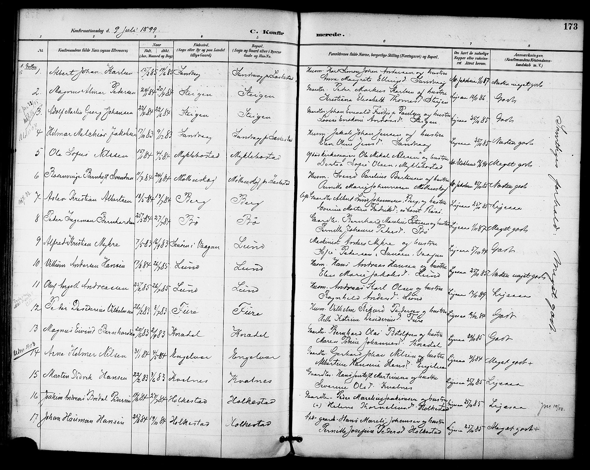 Ministerialprotokoller, klokkerbøker og fødselsregistre - Nordland, AV/SAT-A-1459/855/L0803: Parish register (official) no. 855A11, 1887-1905, p. 173