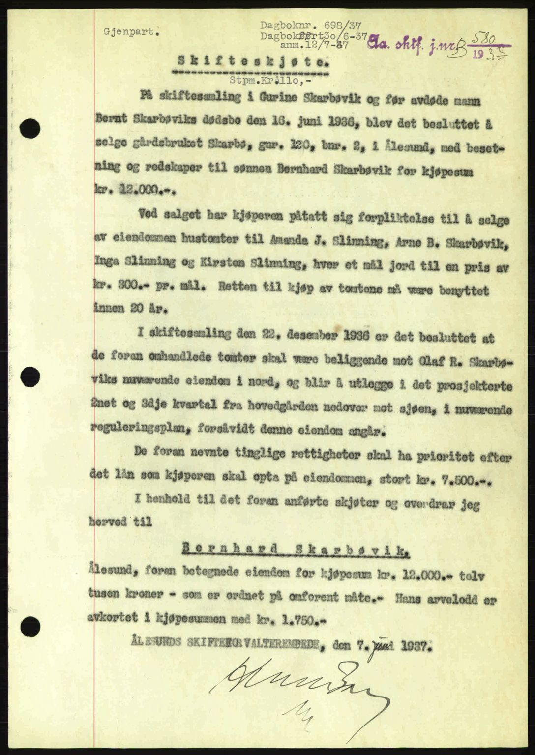 Ålesund byfogd, AV/SAT-A-4384: Mortgage book no. 34 I, 1936-1938, Diary no: : 698/1937