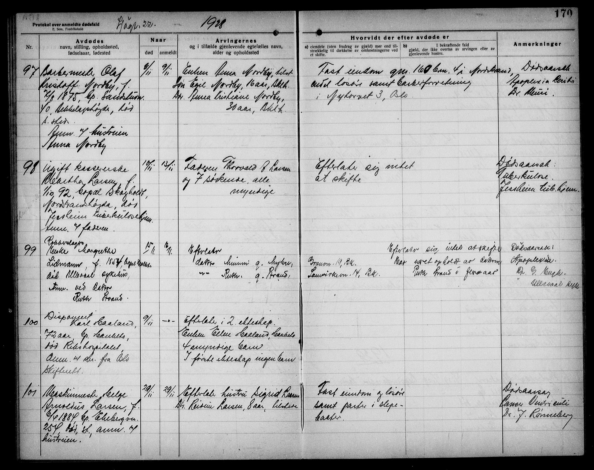 Aker kriminaldommer, skifte- og auksjonsforvalterembete, AV/SAO-A-10452/H/Hb/Hba/Hbad/L0001: Dødsfallsprotokoll for Nordstrand, 1922-1929, p. 170