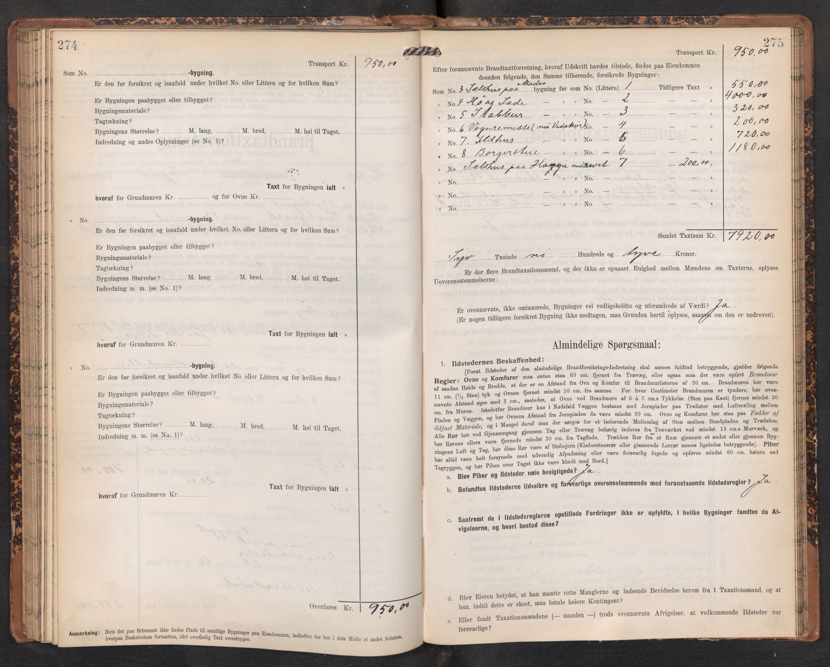 Lensmannen i Hafslo, AV/SAB-A-28001/0012/L0007: Branntakstprotokoll, skjematakst, 1905-1922, p. 274-275