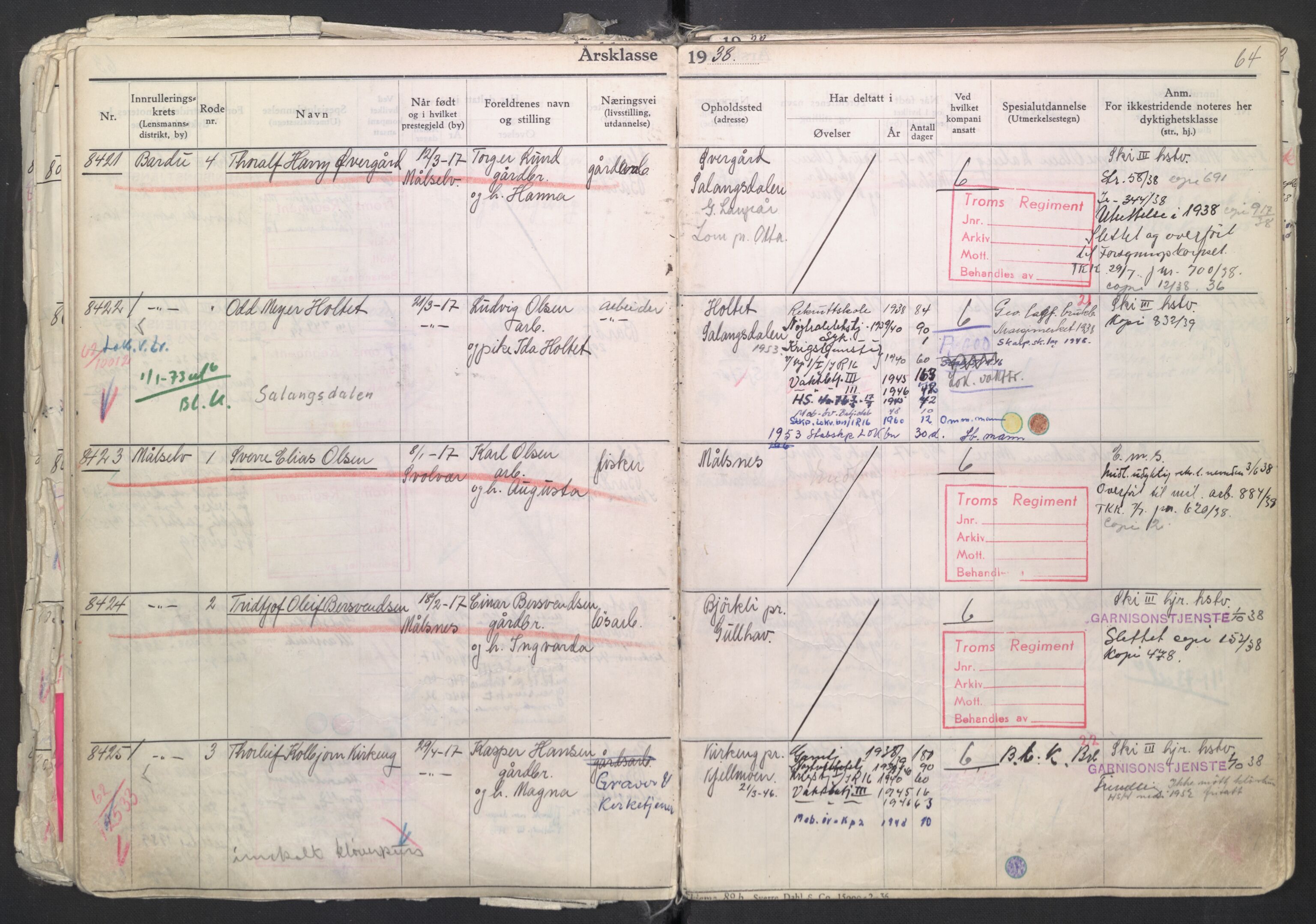 Forsvaret, Troms infanteriregiment nr. 16, AV/RA-RAFA-3146/P/Pa/L0007/0003: Ruller / Rulle for regimentets menige mannskaper, årsklasse 1938, 1938, p. 64