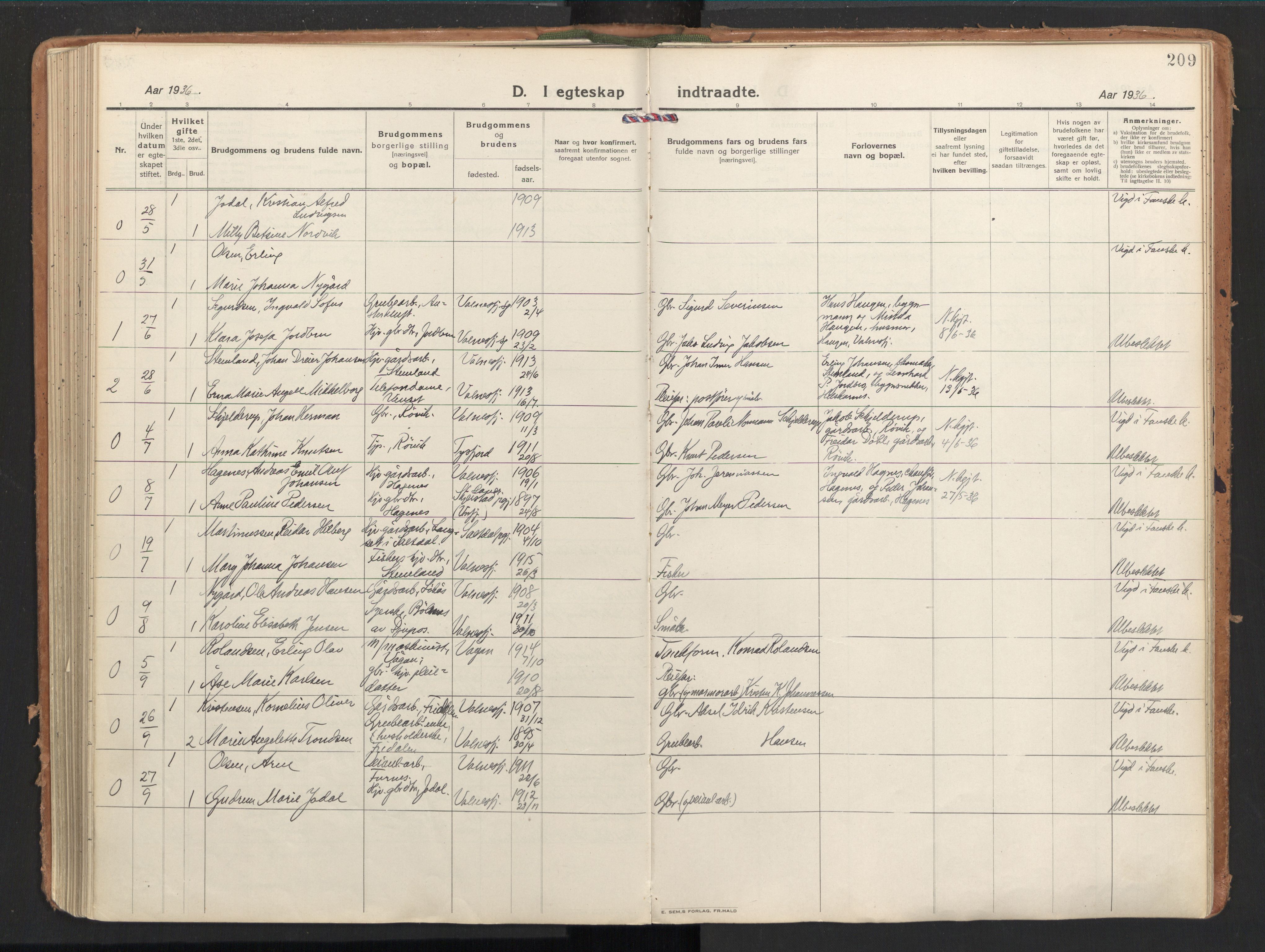 Ministerialprotokoller, klokkerbøker og fødselsregistre - Nordland, AV/SAT-A-1459/851/L0725: Parish register (official) no. 851A02, 1922-1944, p. 209