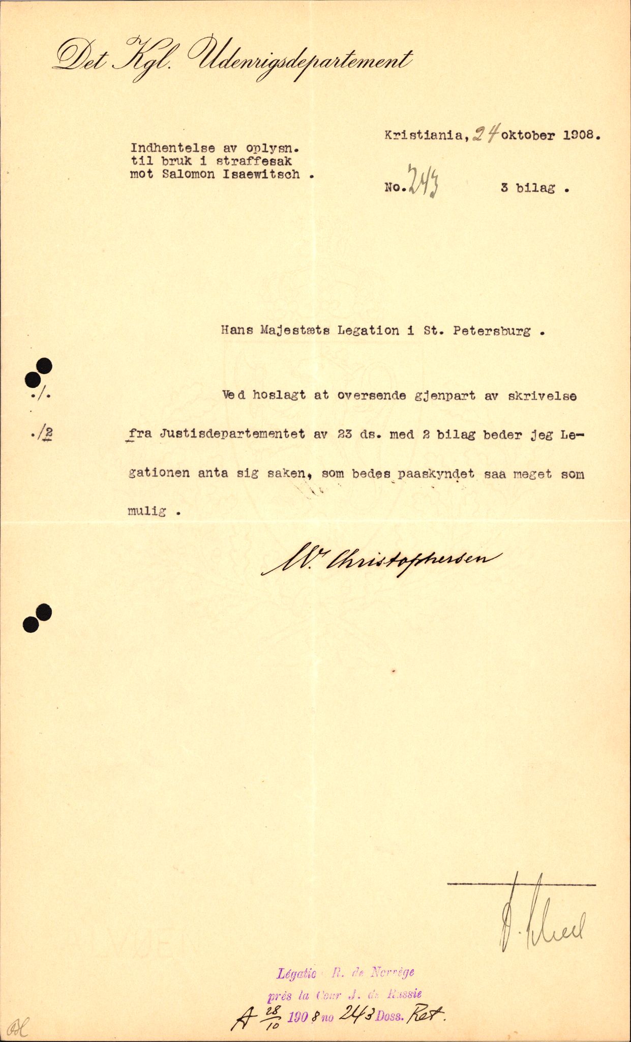 Utenriksstasjonene, Legasjonen i St. Petersburg, Russland, AV/RA-S-3761/D/Db/L0122/0013: -- / Rett-18 Straffesak mot Salomon Isaewitch., 1908-1909, p. 2