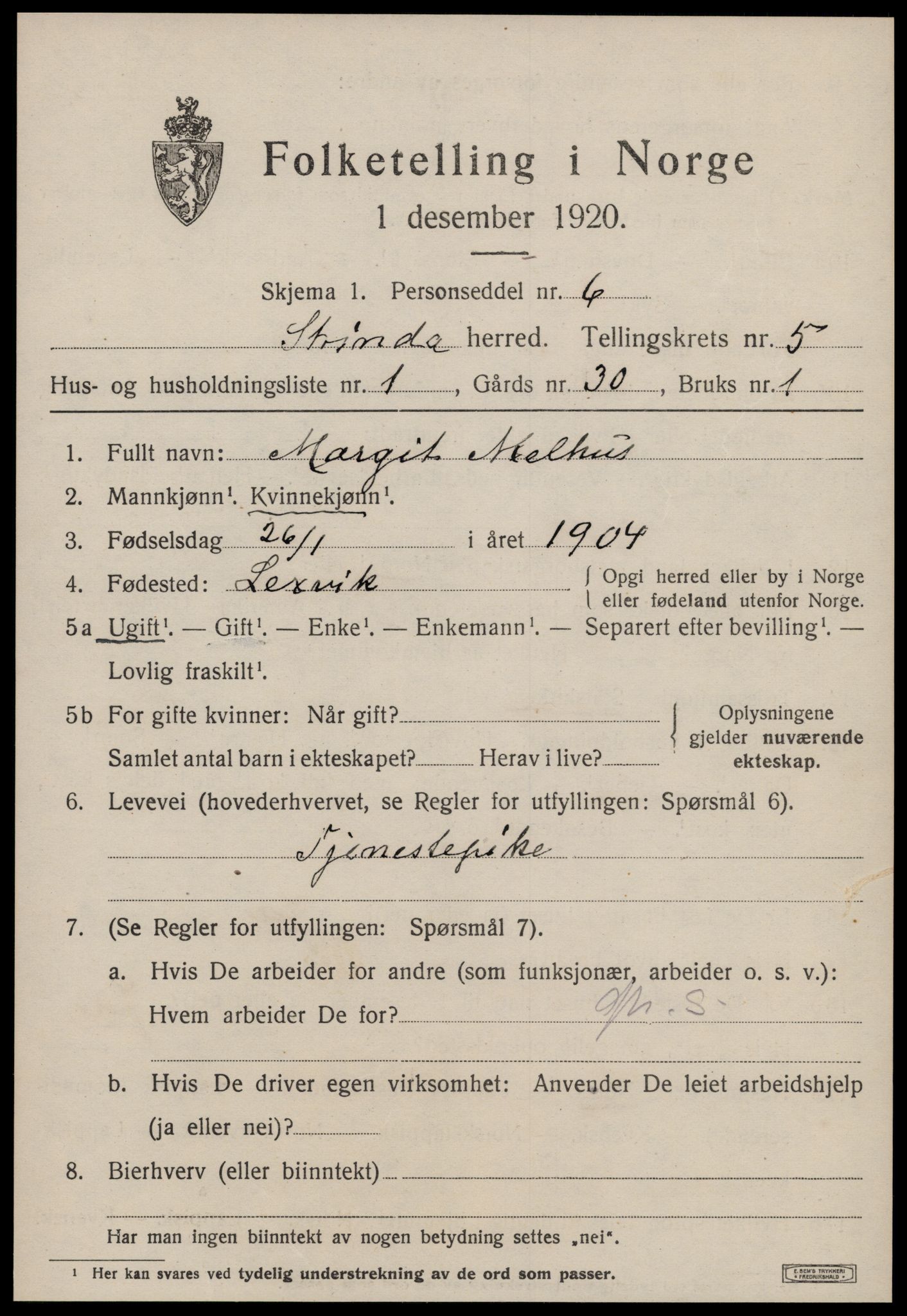 SAT, 1920 census for Strinda, 1920, p. 14154