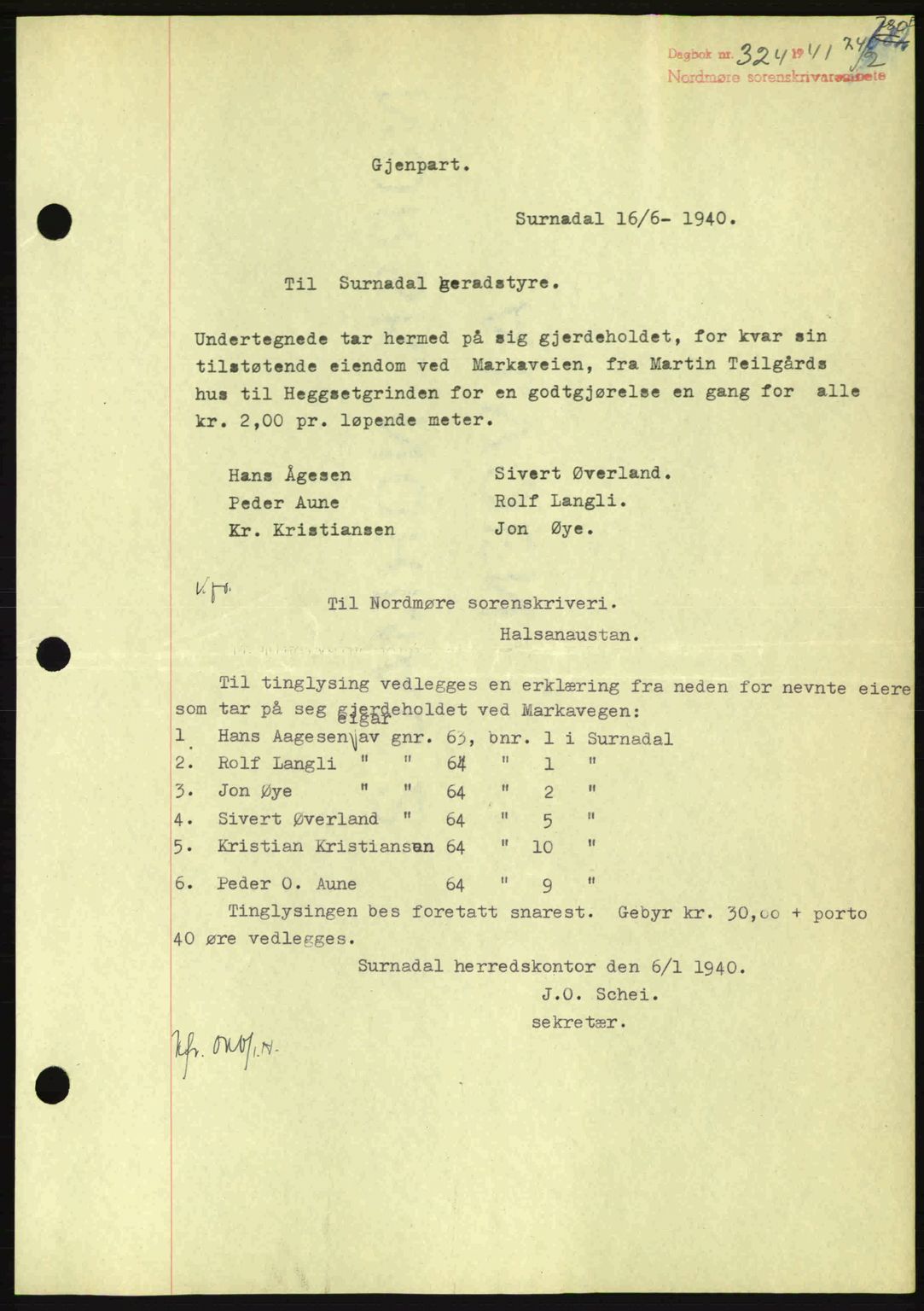 Nordmøre sorenskriveri, AV/SAT-A-4132/1/2/2Ca: Mortgage book no. B87, 1940-1941, Diary no: : 324/1941