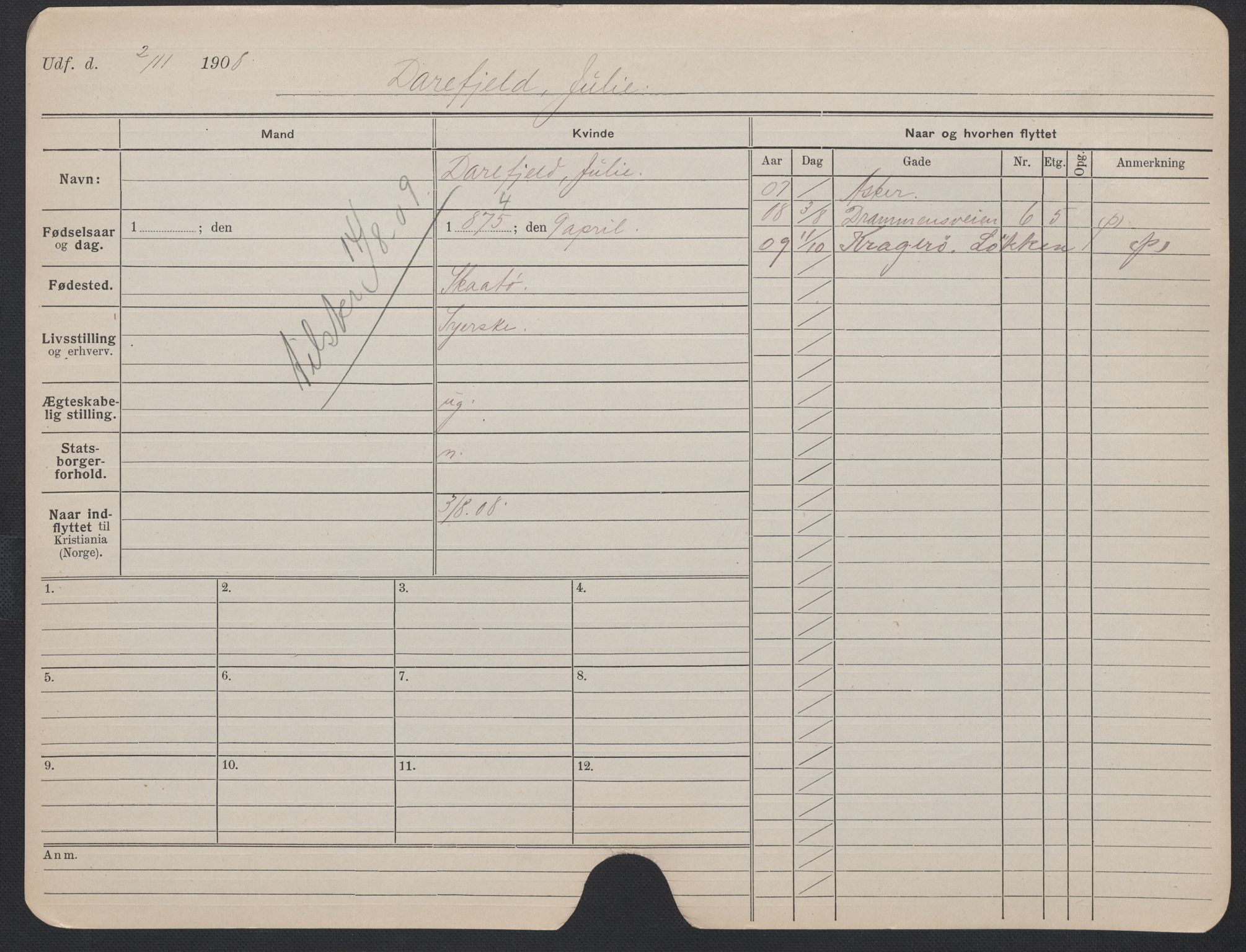 Oslo folkeregister, Registerkort, AV/SAO-A-11715/F/Fa/Fac/L0013: Kvinner, 1906-1914, p. 1233a