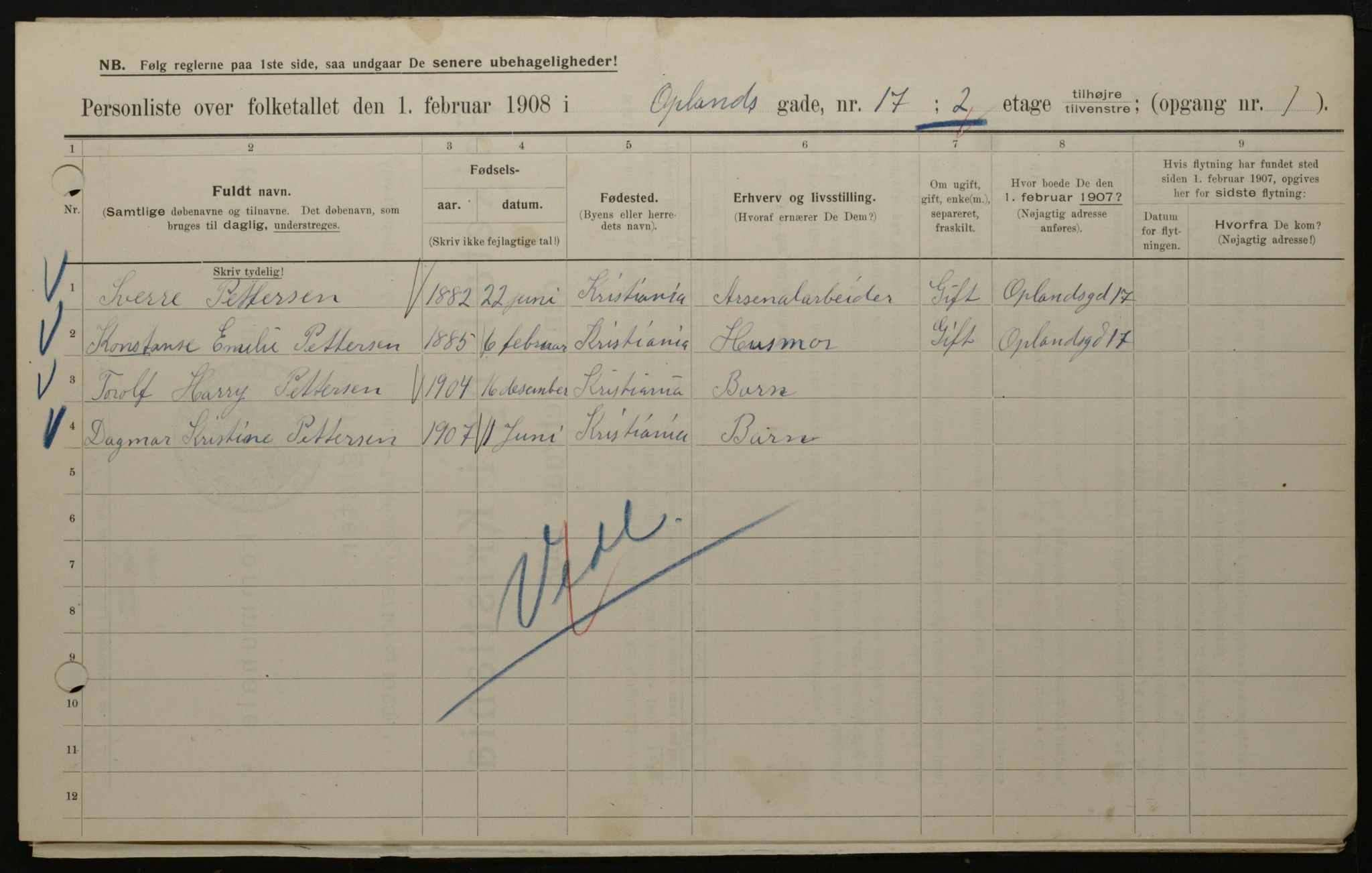 OBA, Municipal Census 1908 for Kristiania, 1908, p. 68001