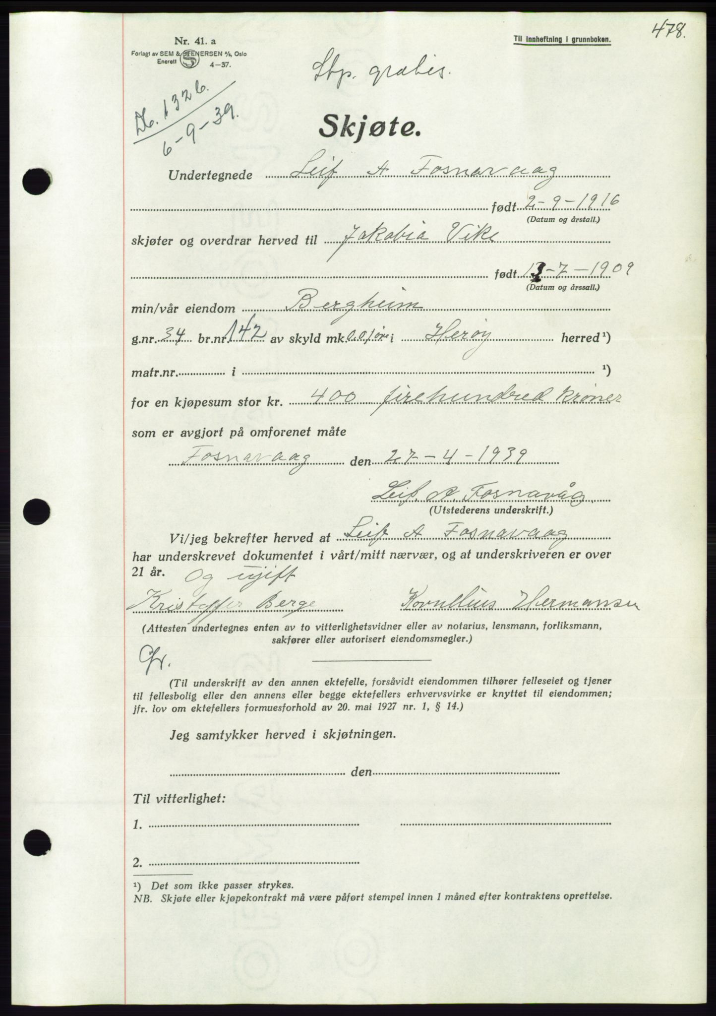 Søre Sunnmøre sorenskriveri, AV/SAT-A-4122/1/2/2C/L0068: Mortgage book no. 62, 1939-1939, Diary no: : 1326/1939