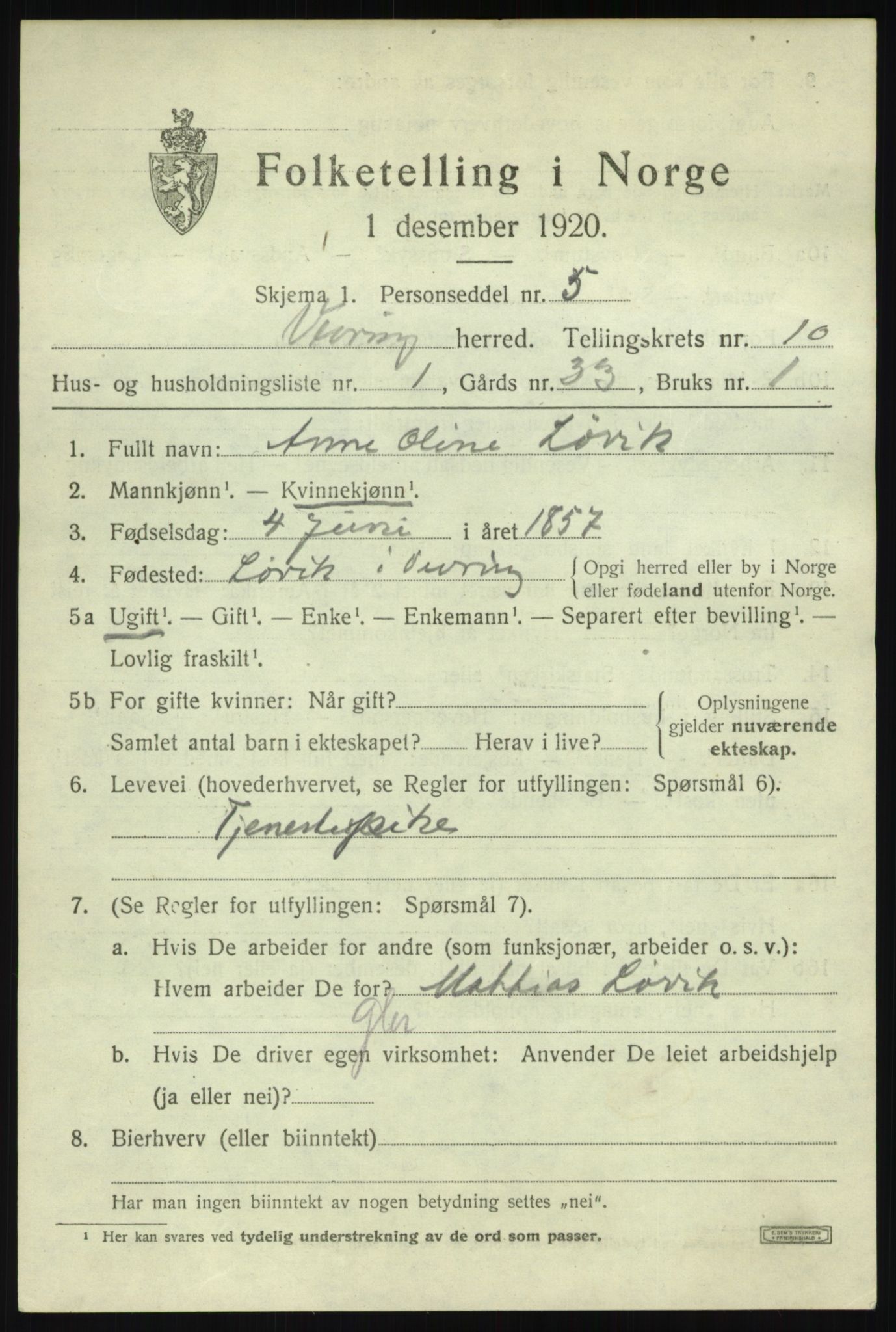 SAB, 1920 census for Vevring, 1920, p. 2534