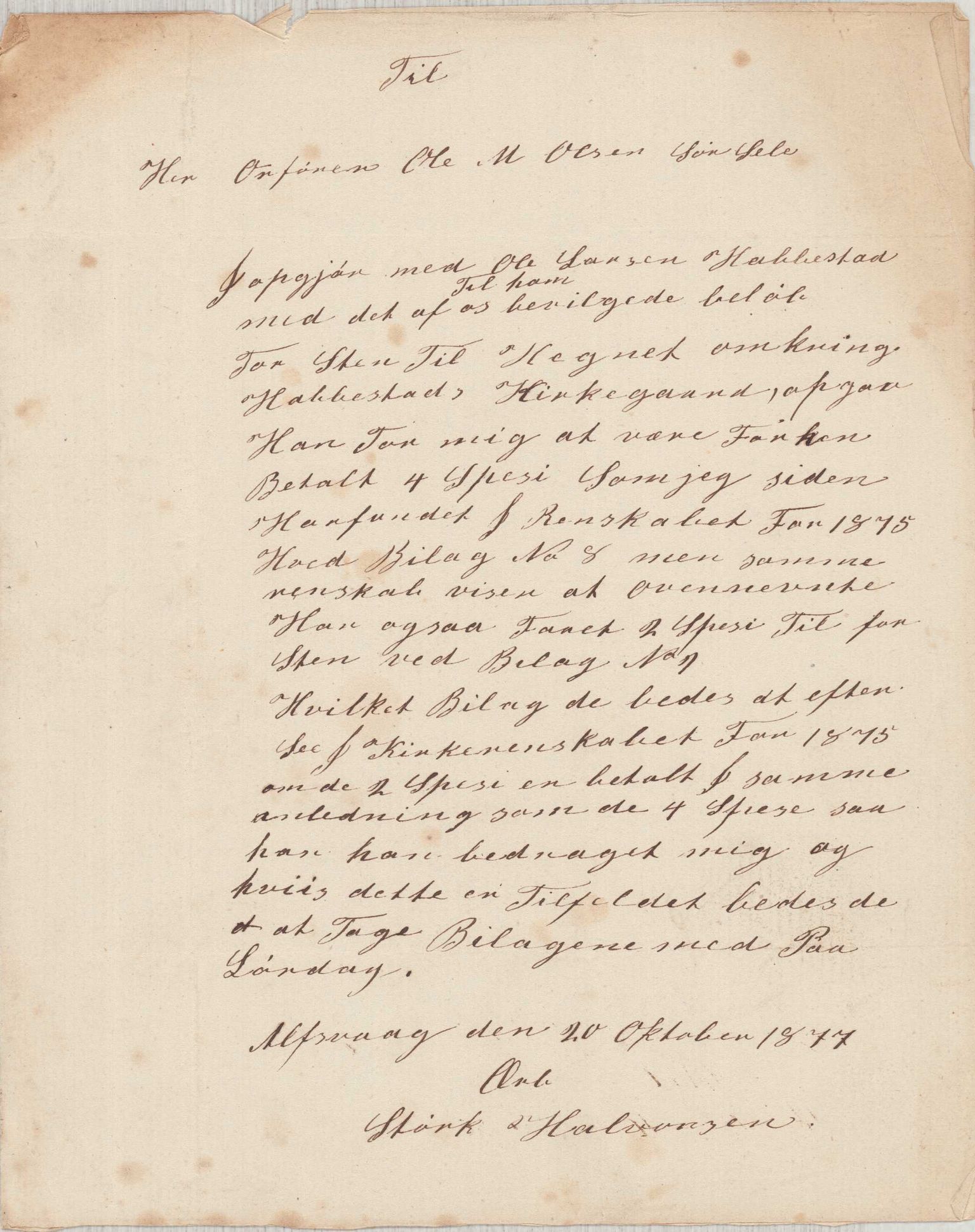 Finnaas kommune. Formannskapet, IKAH/1218a-021/D/Da/L0001/0002: Korrespondanse / saker / Kronologisk ordna korrespodanse, 1876-1879, p. 50