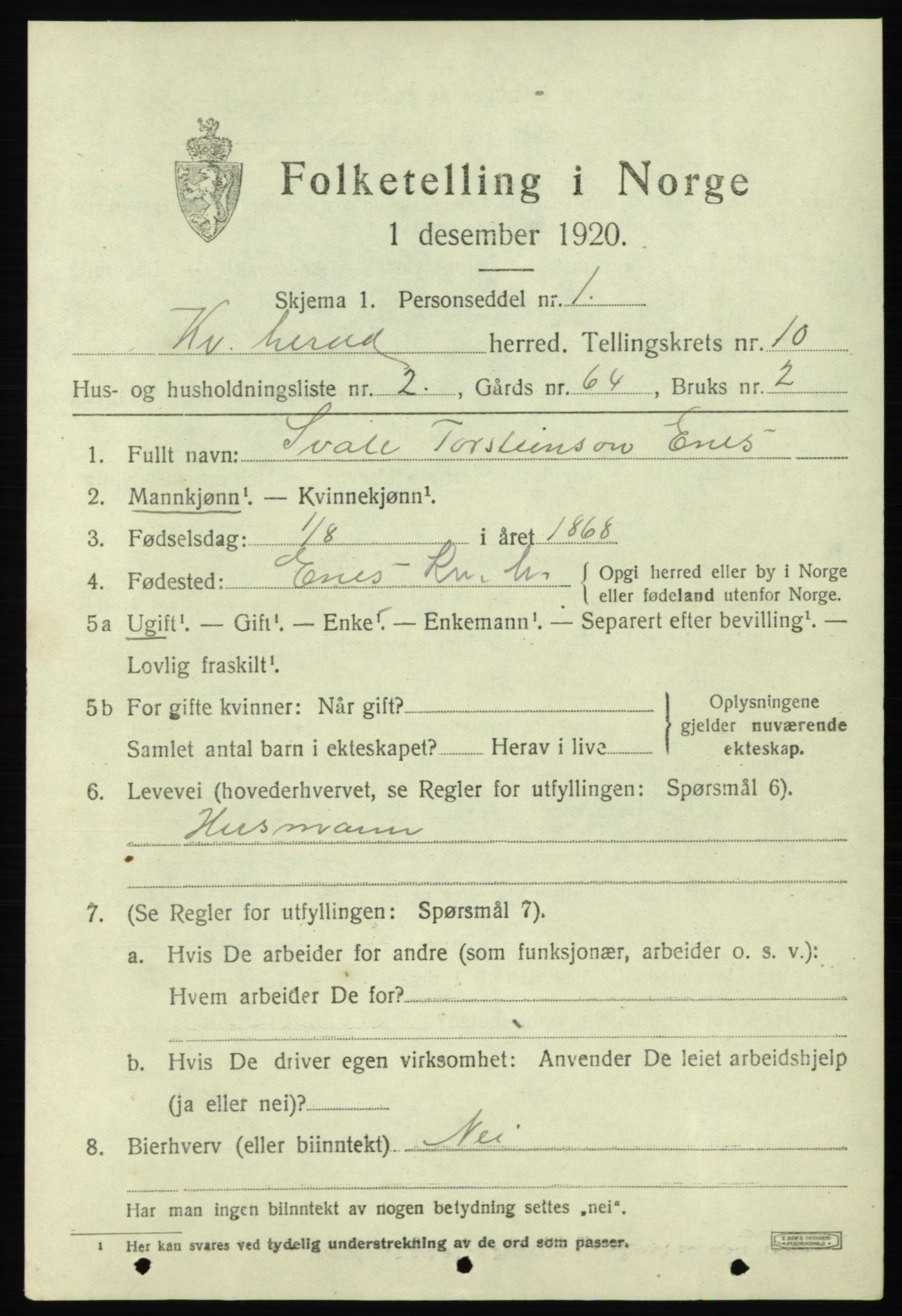 SAB, 1920 census for Kvinnherad, 1920, p. 6906