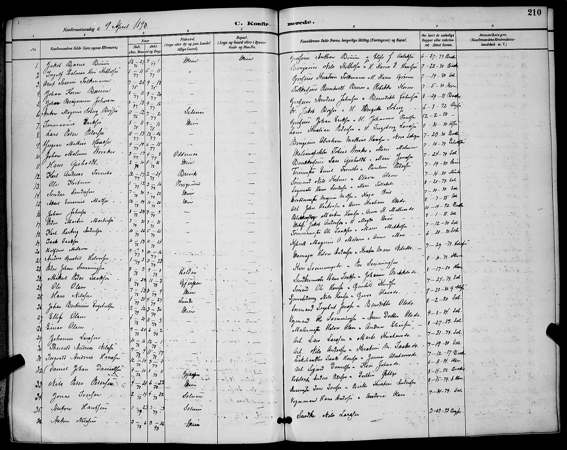 Skien kirkebøker, SAKO/A-302/G/Ga/L0007: Parish register (copy) no. 7, 1891-1900, p. 210