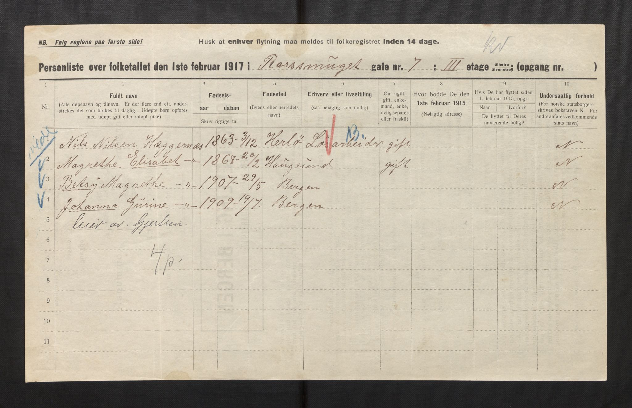 SAB, Municipal Census 1917 for Bergen, 1917, p. 31789