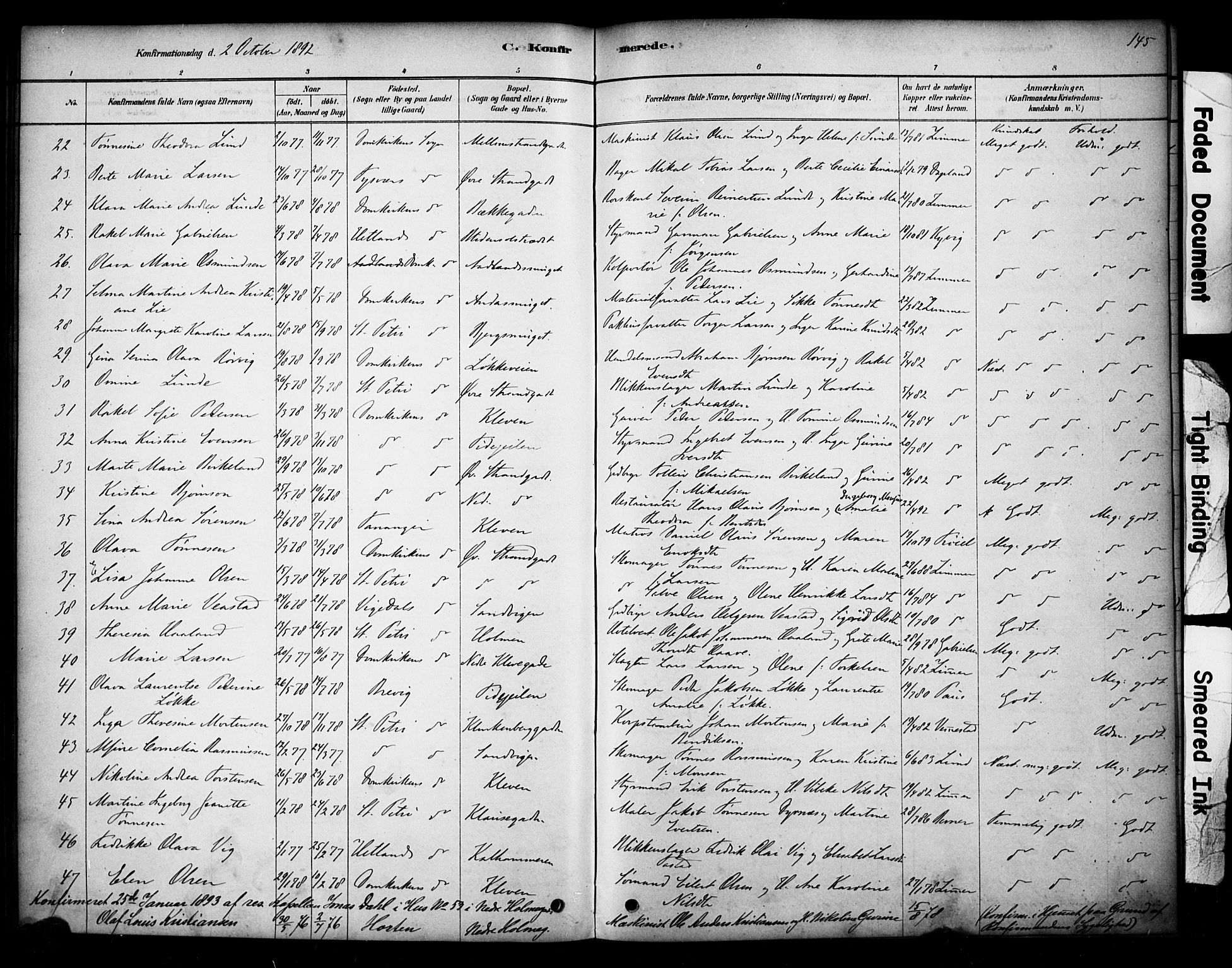 Domkirken sokneprestkontor, SAST/A-101812/001/30/30BA/L0028: Parish register (official) no. A 27, 1878-1896, p. 145