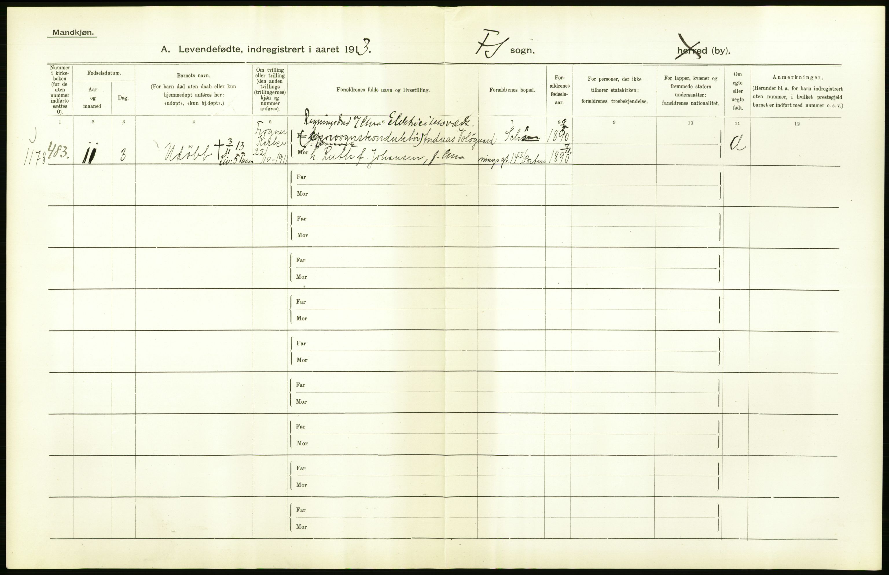 Statistisk sentralbyrå, Sosiodemografiske emner, Befolkning, AV/RA-S-2228/D/Df/Dfb/Dfbc/L0007: Kristiania: Levendefødte menn og kvinner., 1913, p. 22