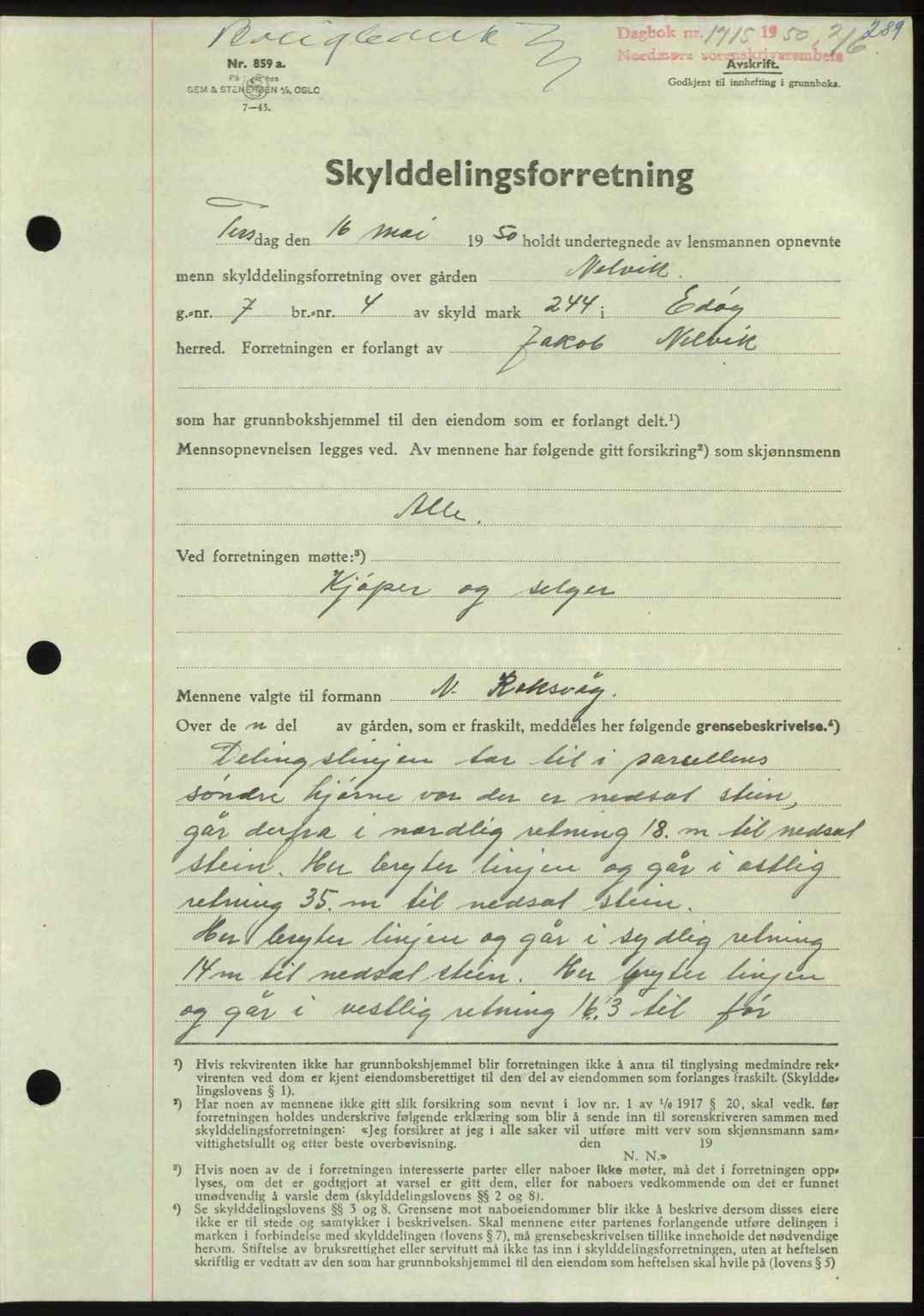 Nordmøre sorenskriveri, AV/SAT-A-4132/1/2/2Ca: Mortgage book no. A115, 1950-1950, Diary no: : 1715/1950