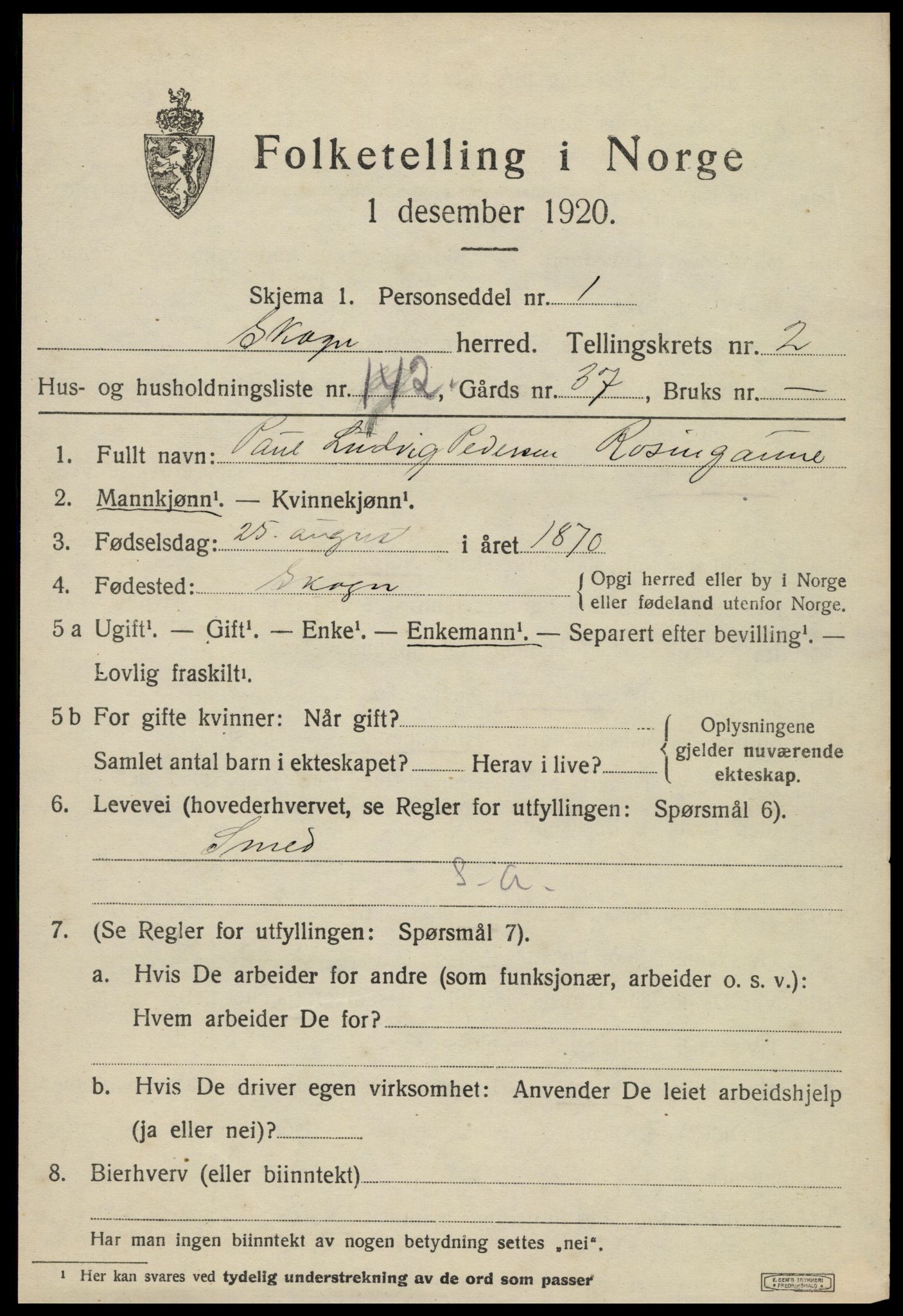 SAT, 1920 census for Skogn, 1920, p. 4585