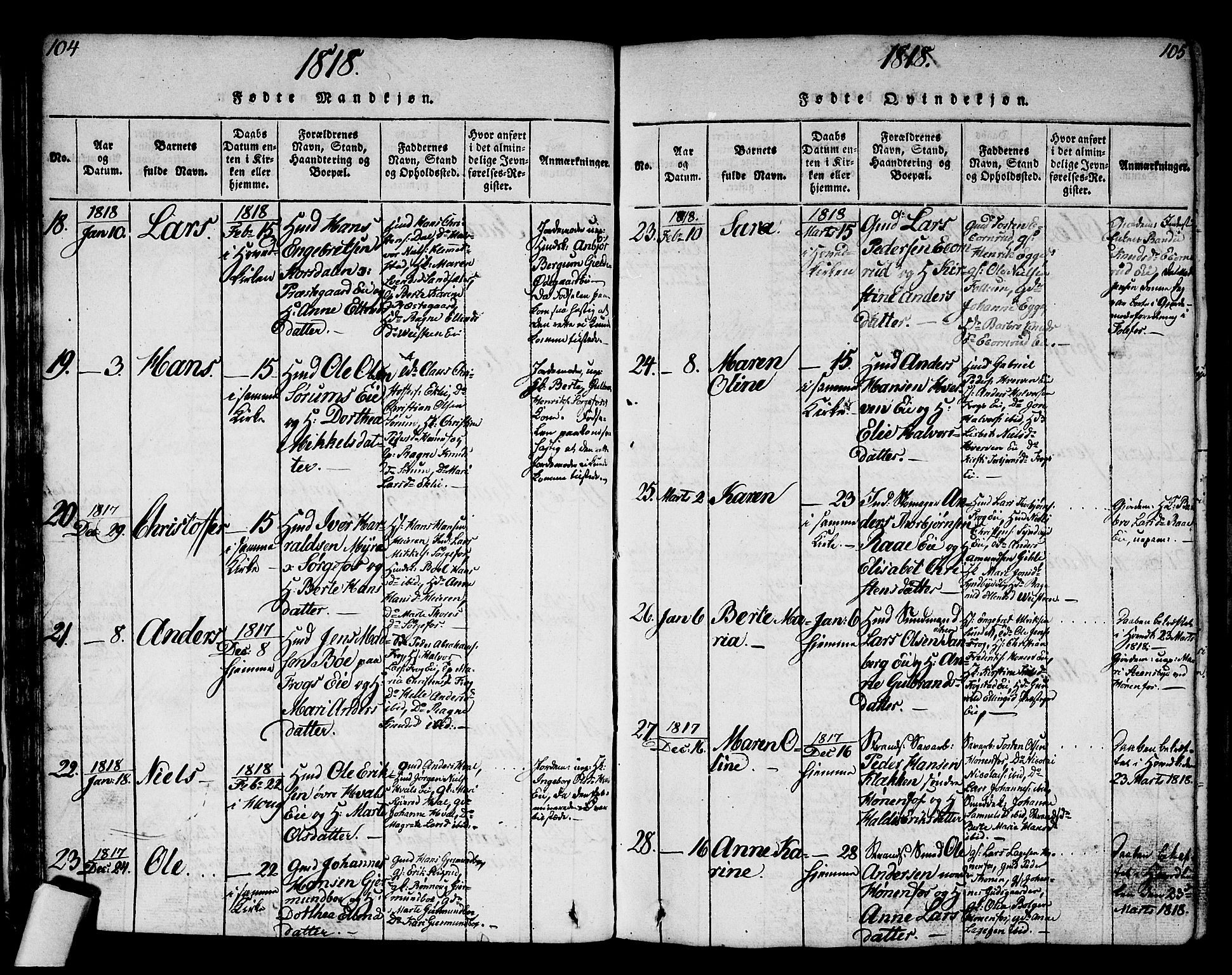 Norderhov kirkebøker, AV/SAKO-A-237/G/Ga/L0002: Parish register (copy) no. I 2, 1814-1867, p. 104-105