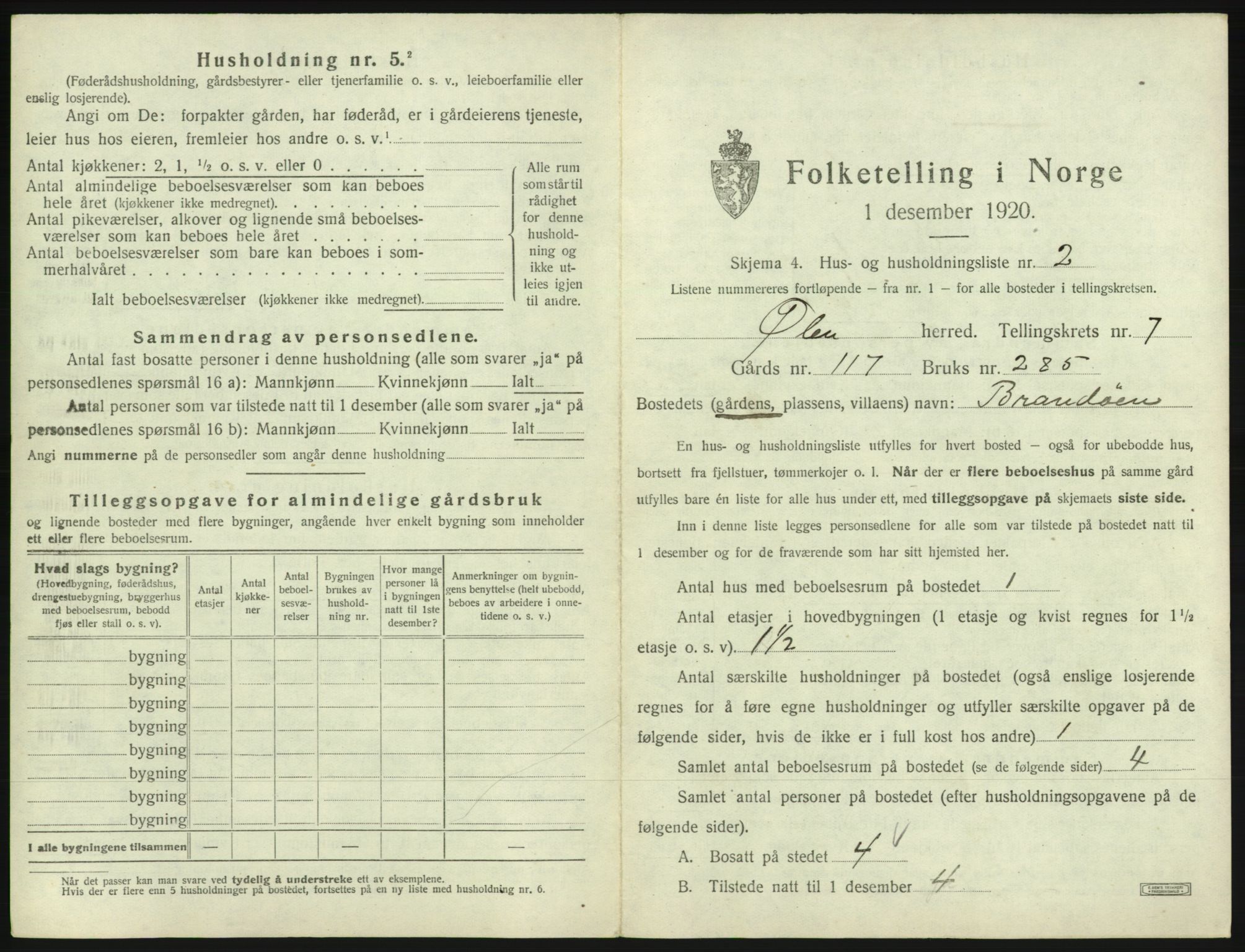 SAB, 1920 census for Ølen, 1920, p. 517