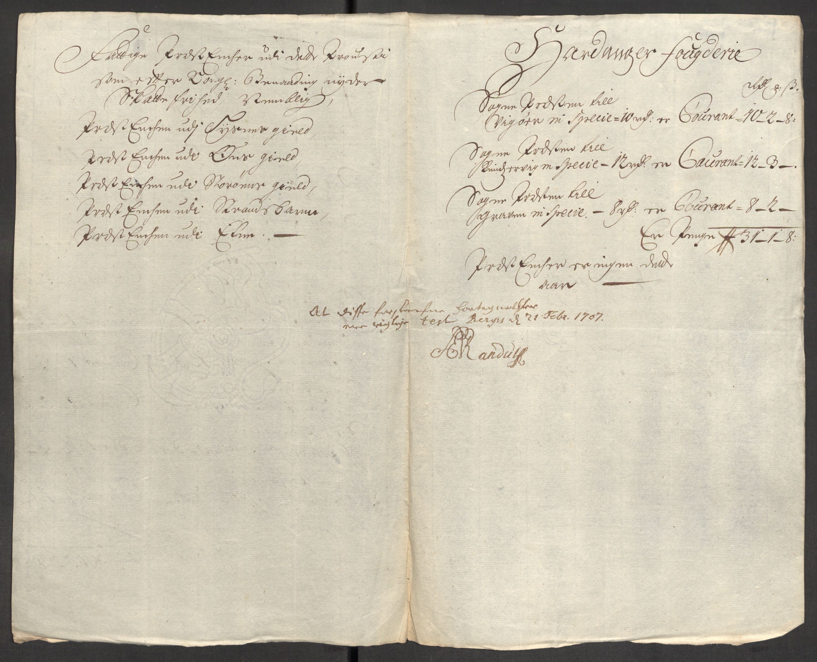 Rentekammeret inntil 1814, Reviderte regnskaper, Fogderegnskap, AV/RA-EA-4092/R48/L2984: Fogderegnskap Sunnhordland og Hardanger, 1706-1707, p. 118