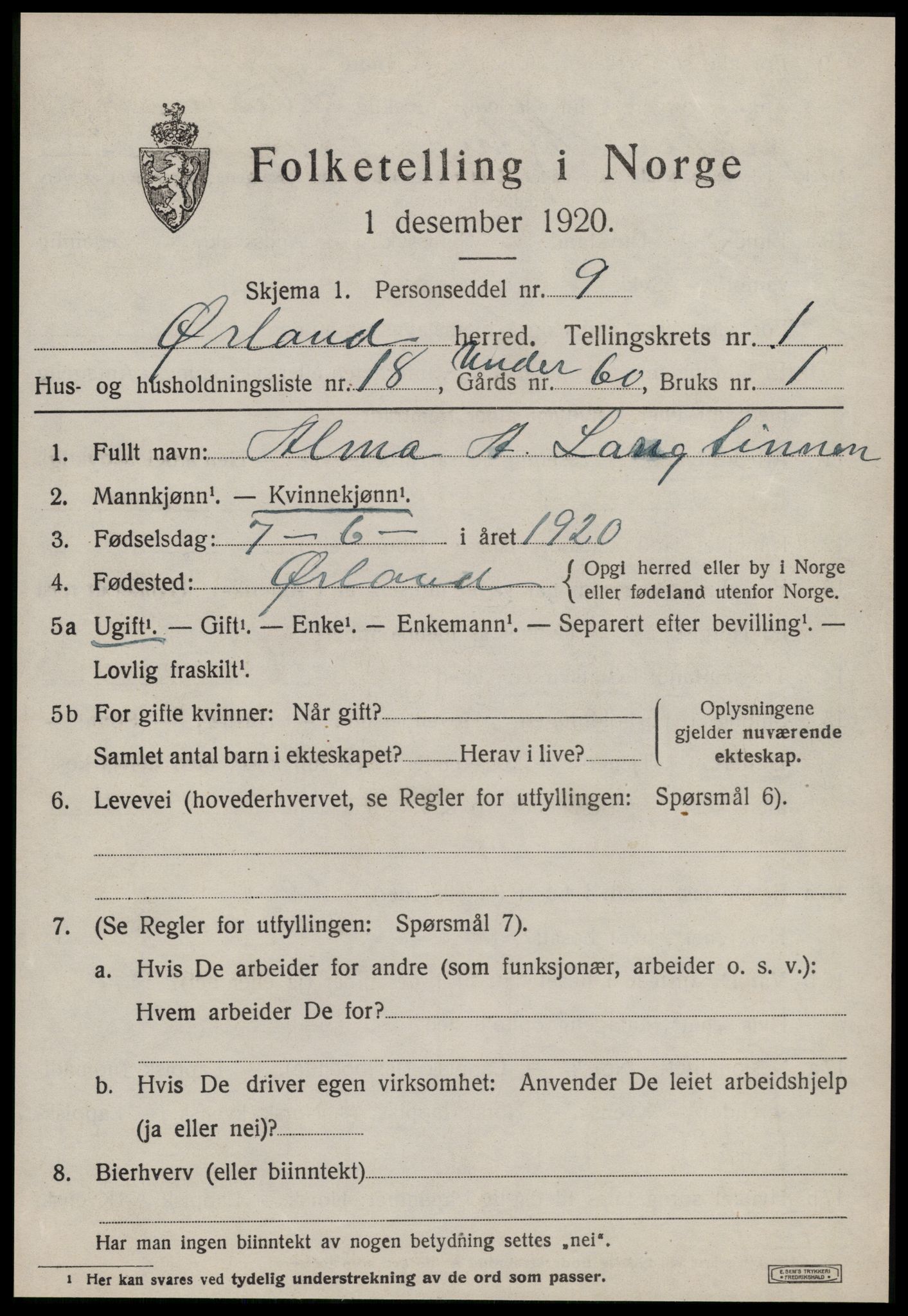 SAT, 1920 census for Ørland, 1920, p. 1609