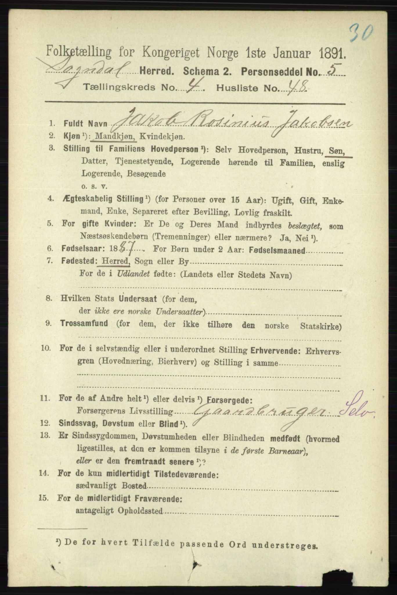 RA, 1891 census for 1111 Sokndal, 1891, p. 1273