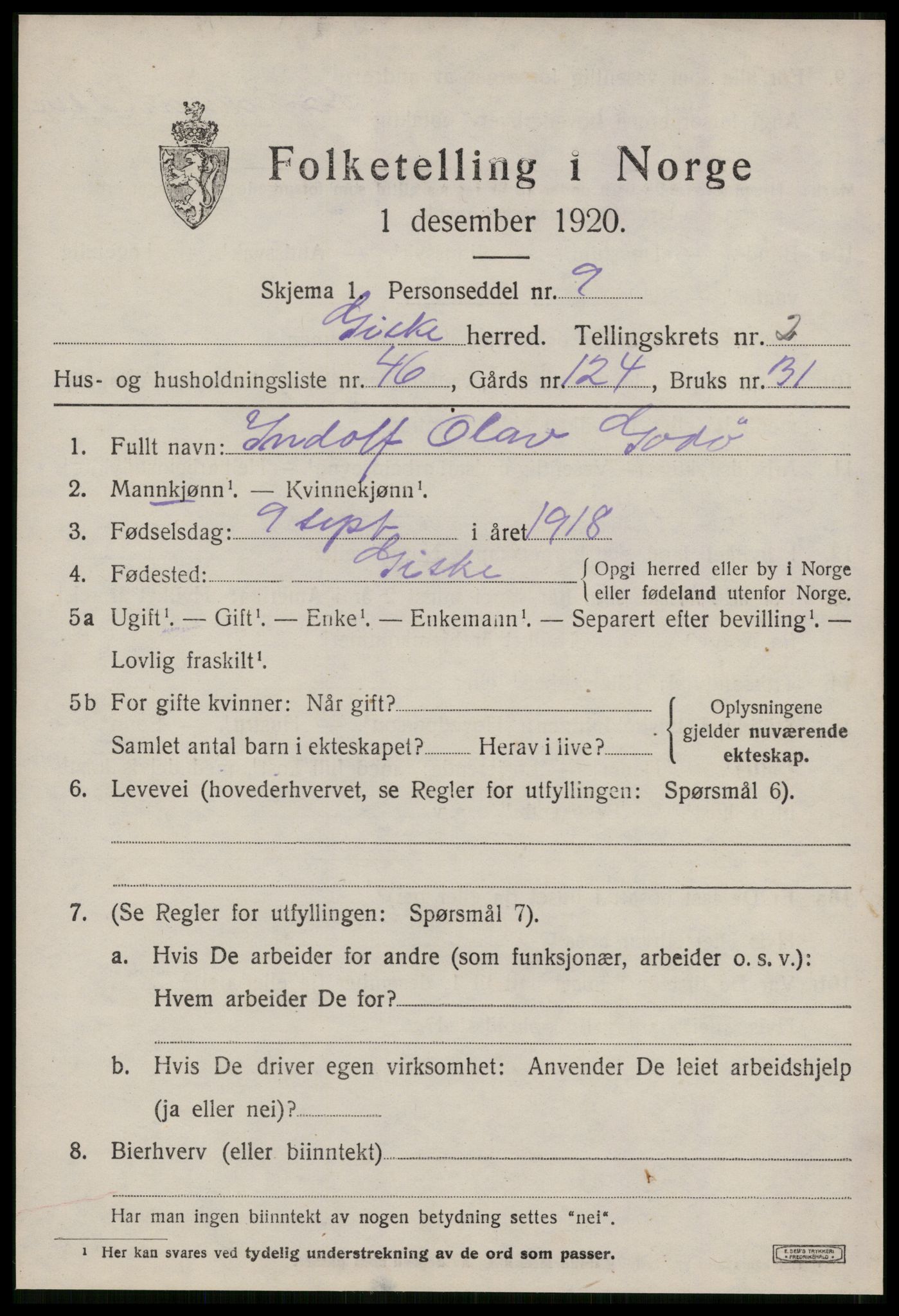 SAT, 1920 census for Giske, 1920, p. 1646