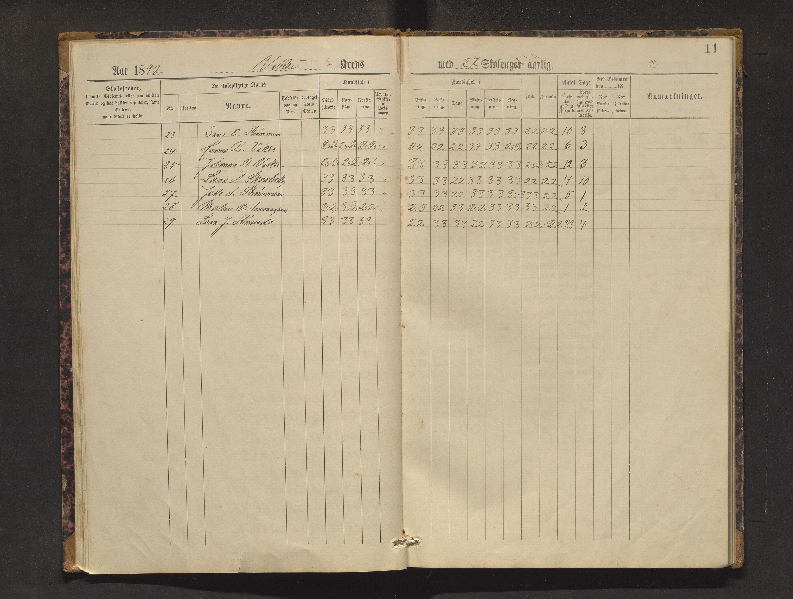 Sveio kommune. Barneskulane, IKAH/1216-231/F/Fa/L0004: Skuleprotokoll for Vikse og Eilerås krinsar, 1890-1897, p. 11