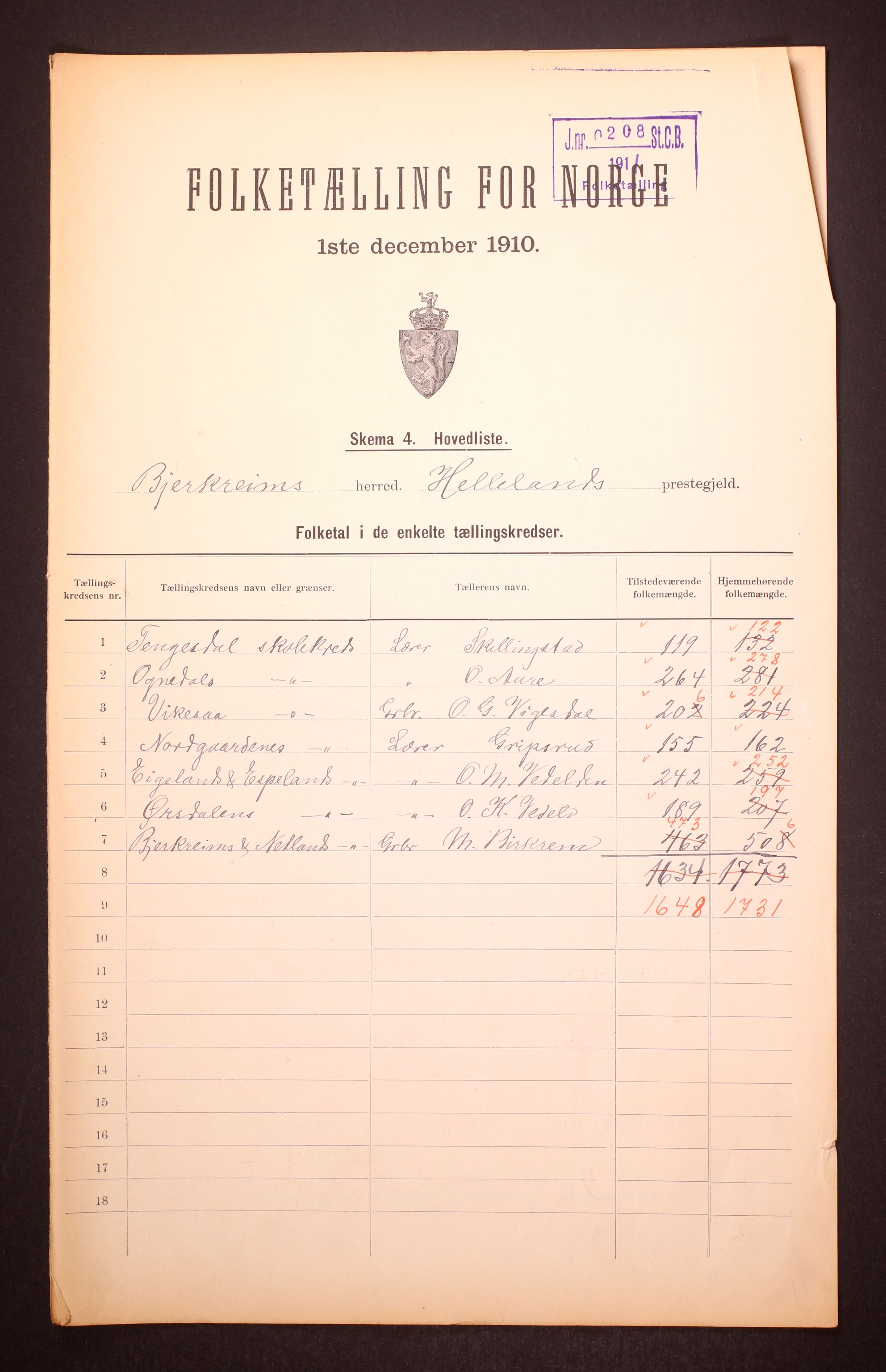 RA, 1910 census for Bjerkreim, 1910, p. 1