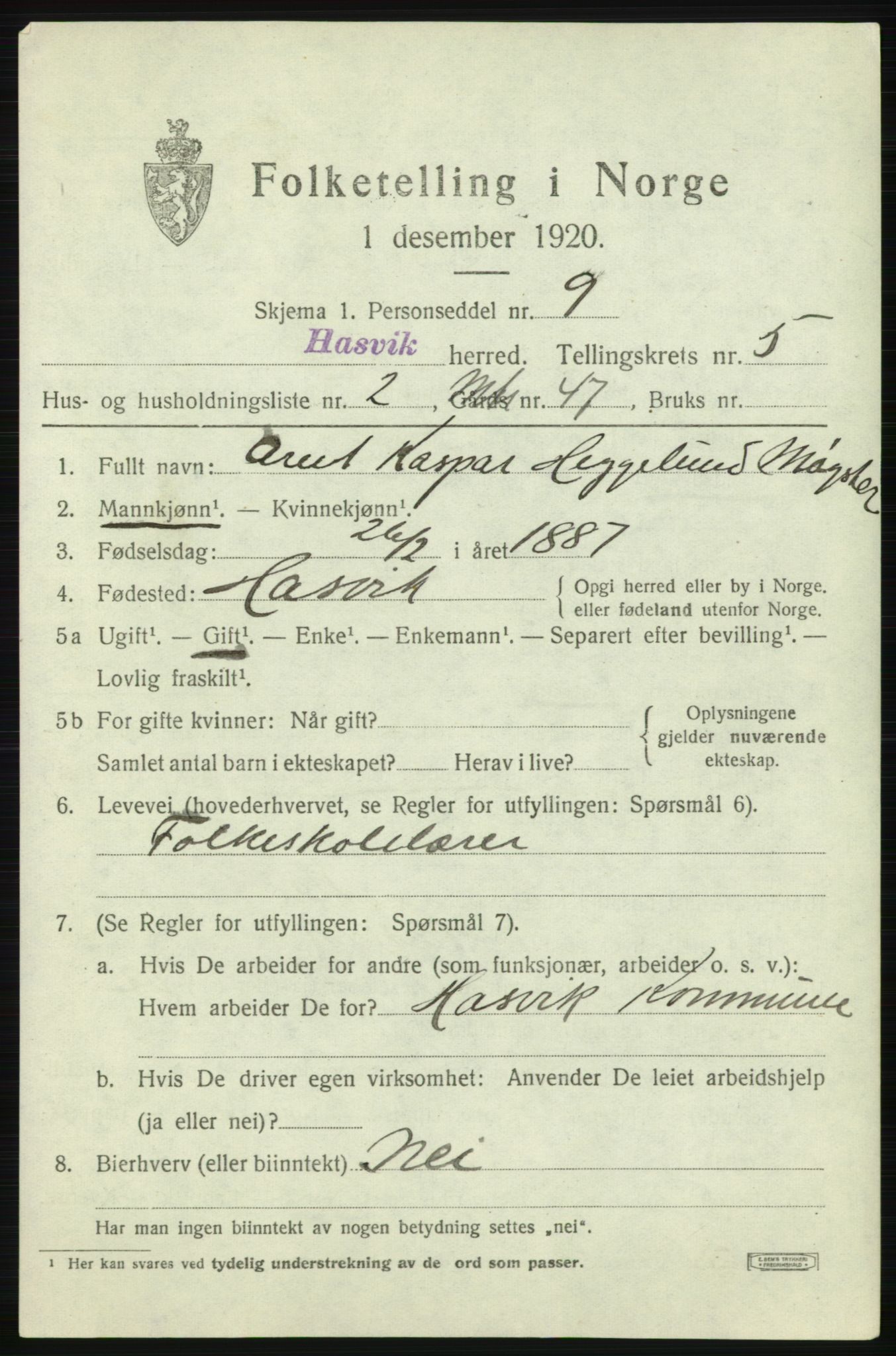 SATØ, 1920 census for Hasvik, 1920, p. 2341