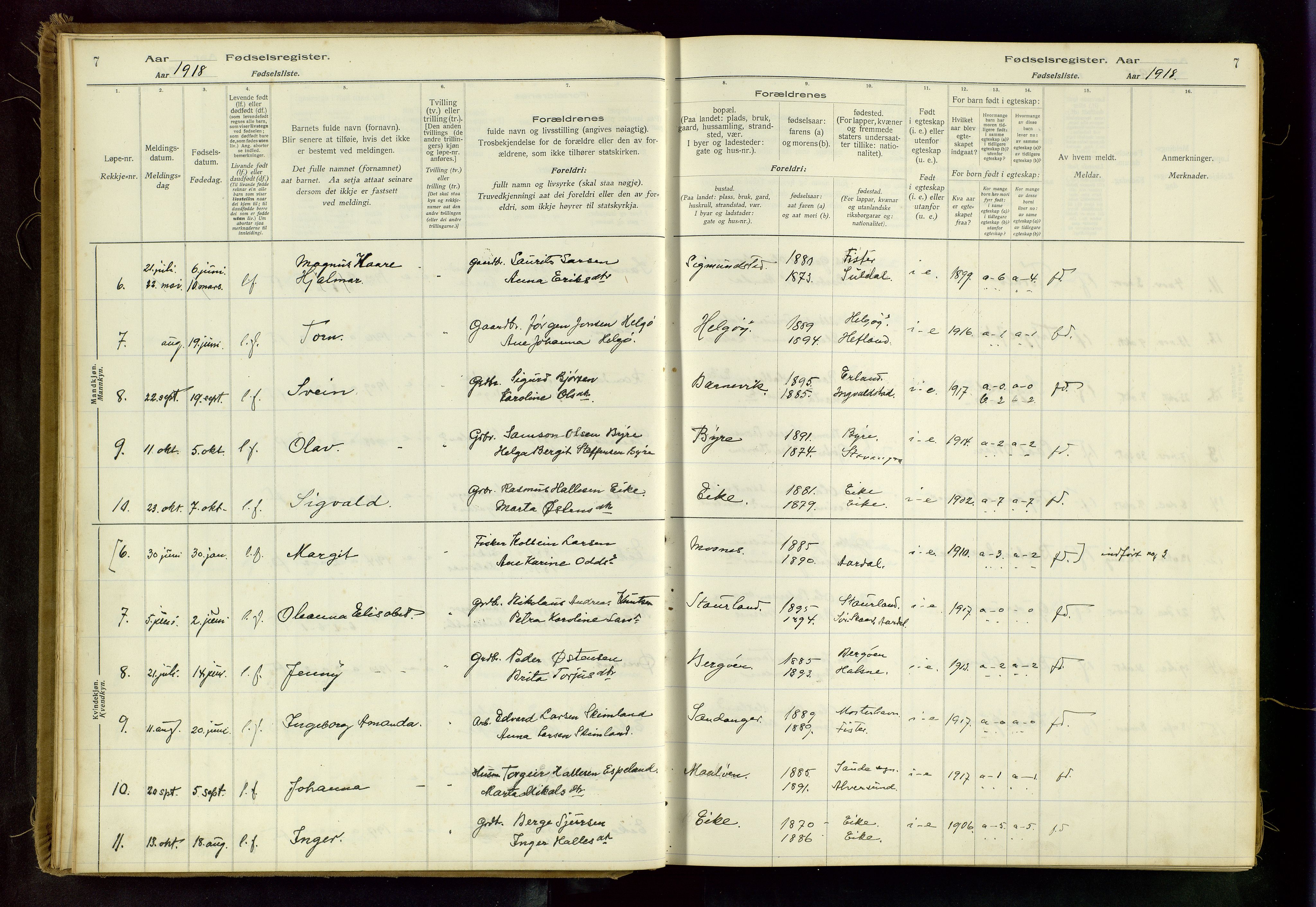 Hjelmeland sokneprestkontor, SAST/A-101843/02/B/L0003: Birth register no. 3, 1916-1997, p. 7