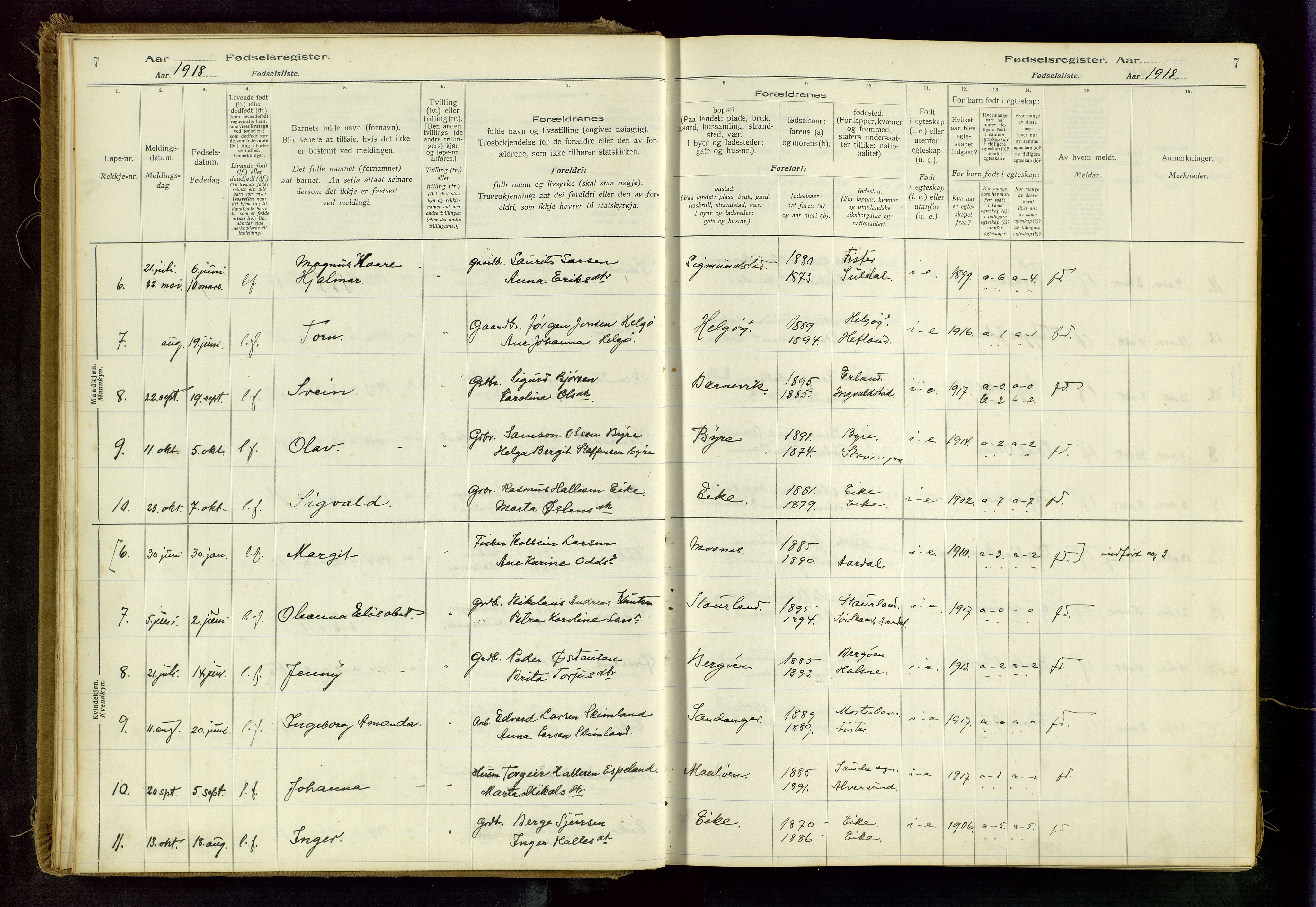 Hjelmeland sokneprestkontor, AV/SAST-A-101843/02/B/L0003: Birth register no. 3, 1916-1997, p. 7