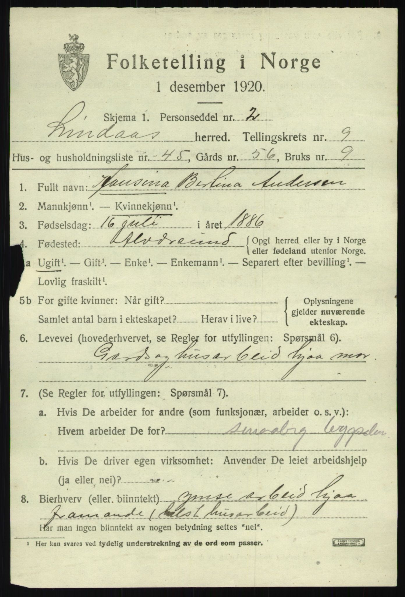 SAB, 1920 census for Lindås, 1920, p. 5331