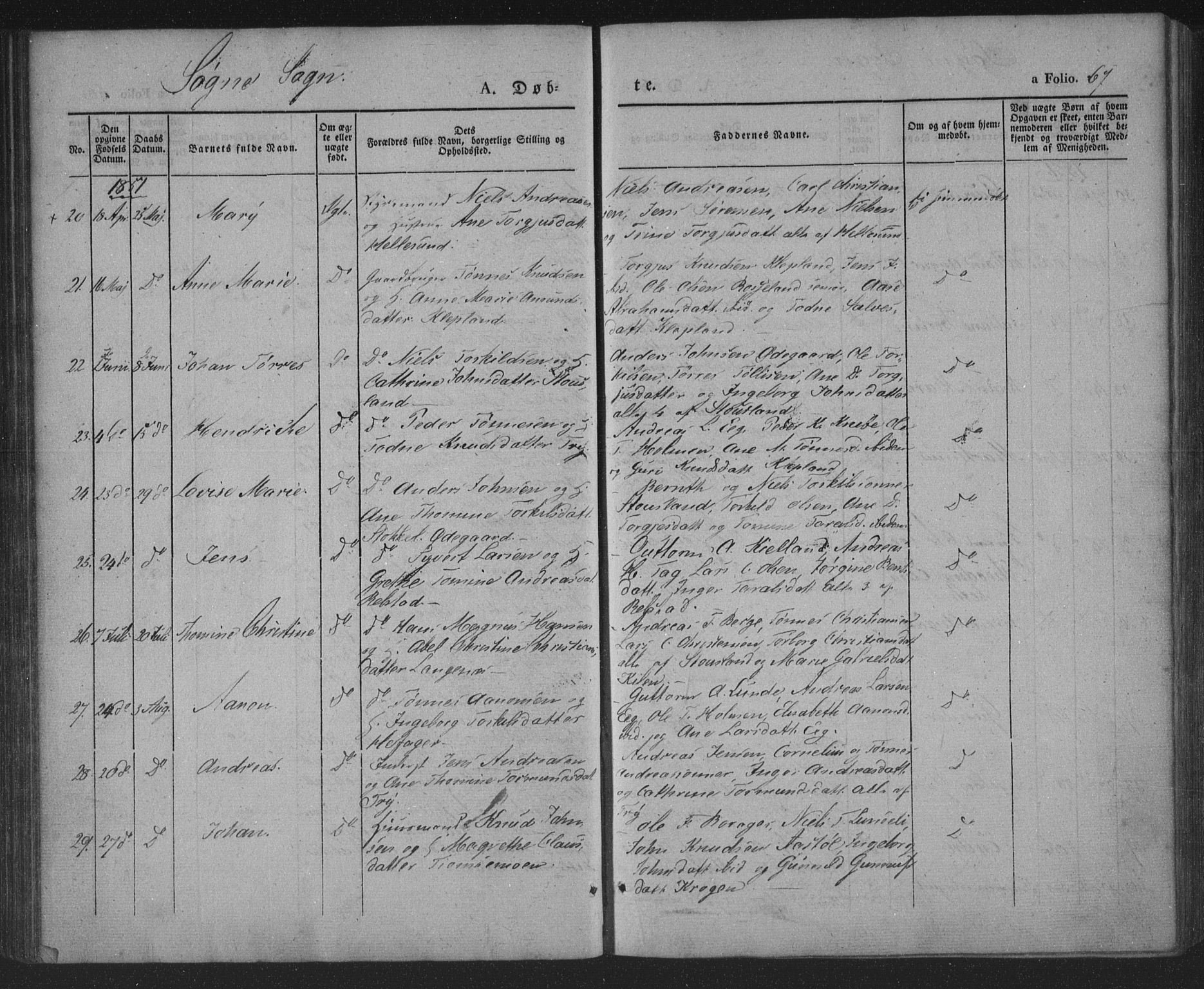 Søgne sokneprestkontor, AV/SAK-1111-0037/F/Fa/Fab/L0009: Parish register (official) no. A 9, 1838-1853, p. 67