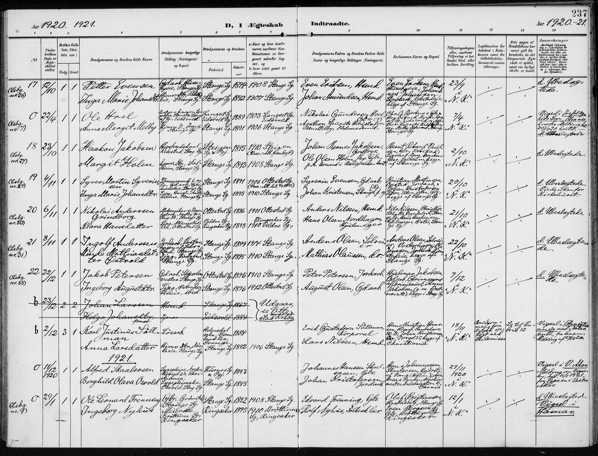 Stange prestekontor, AV/SAH-PREST-002/K/L0024: Parish register (official) no. 24, 1906-1922, p. 237