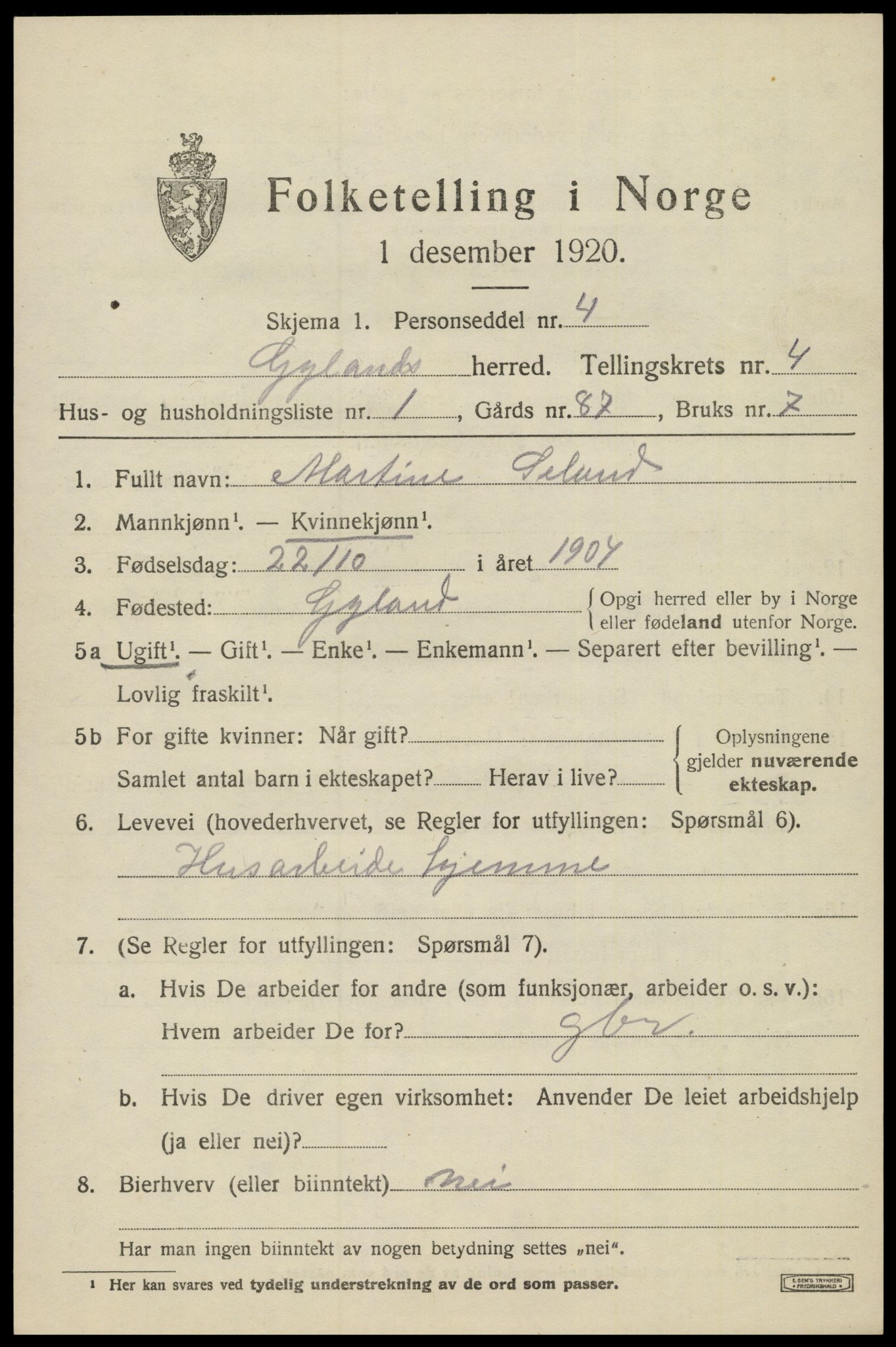 SAK, 1920 census for Gyland, 1920, p. 1044