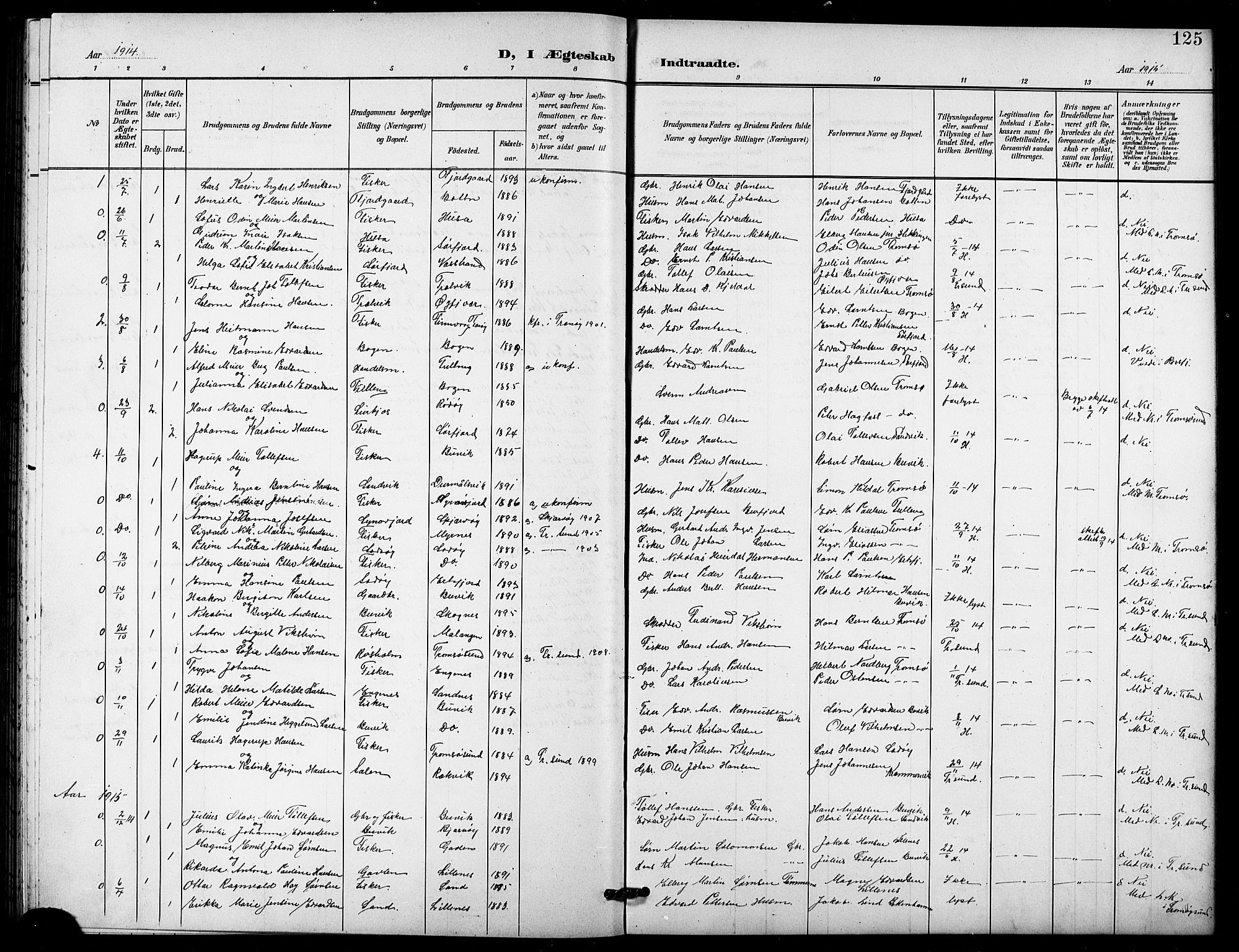 Lenvik sokneprestembete, SATØ/S-1310/H/Ha/Hab/L0022klokker: Parish register (copy) no. 22, 1901-1918, p. 125