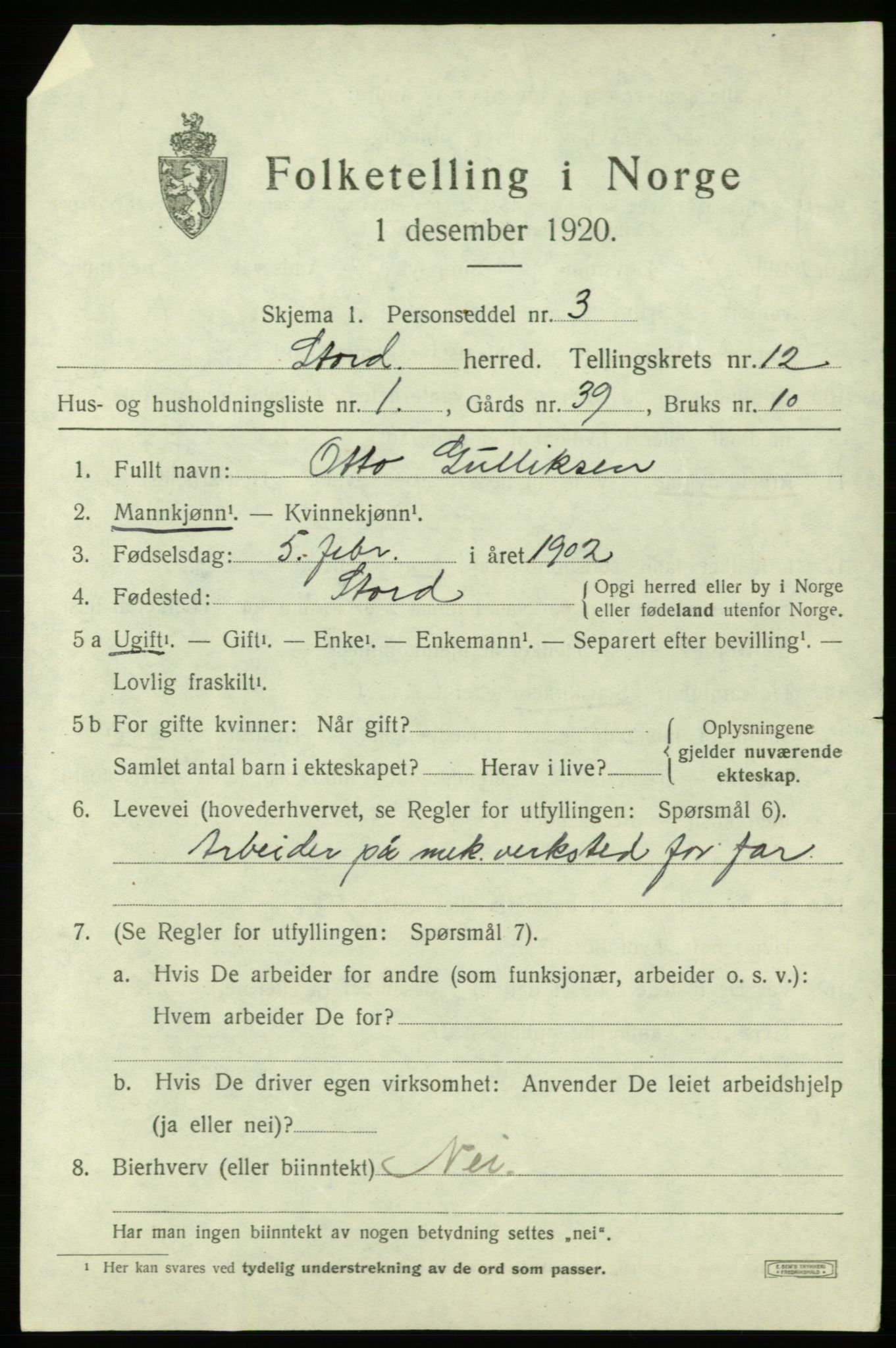 SAB, 1920 census for Stord, 1920, p. 7001