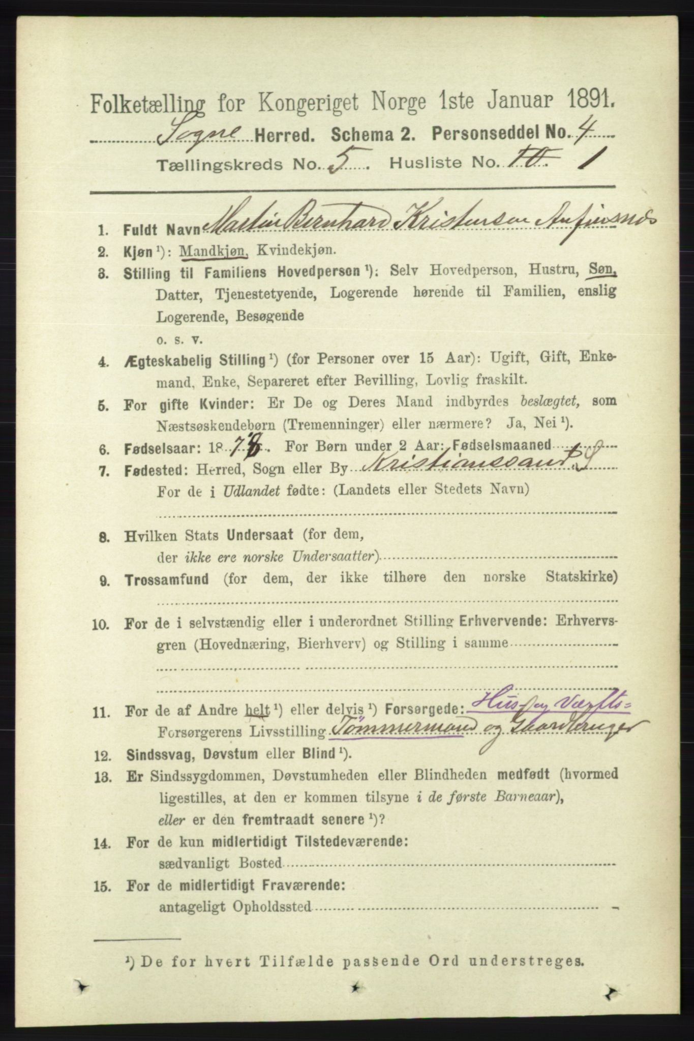 RA, 1891 census for 1018 Søgne, 1891, p. 911